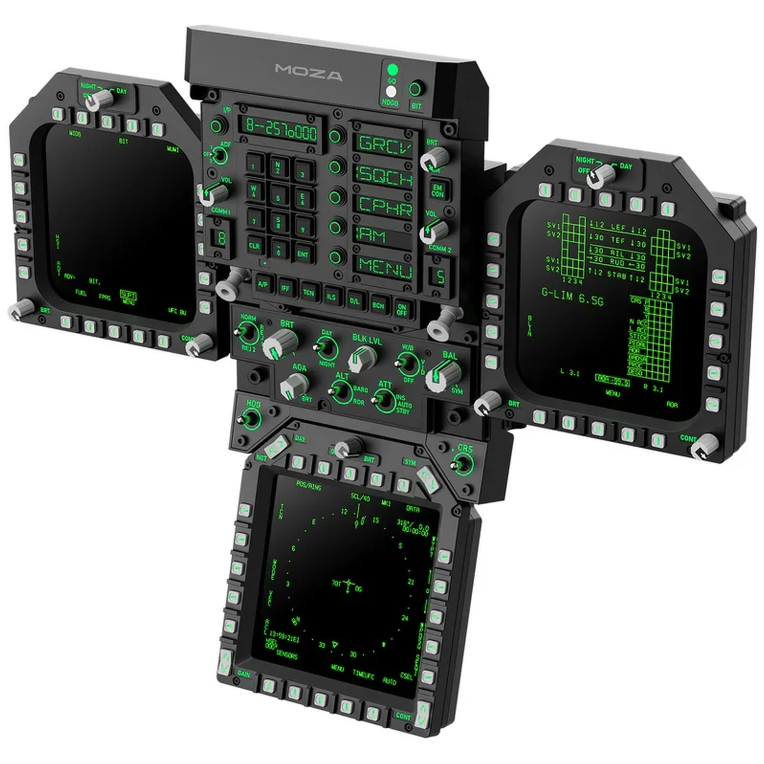 Complex zwart vluchtsimulator bedieningspaneel met drie groene schermen, knoppen en draaiknoppen.