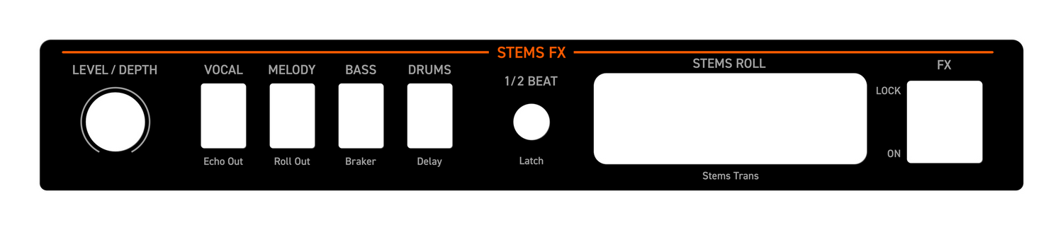 Panel de control Stems FX negro con perillas y botones para Vocal, Melody, Bass, Drums y Stems Roll.