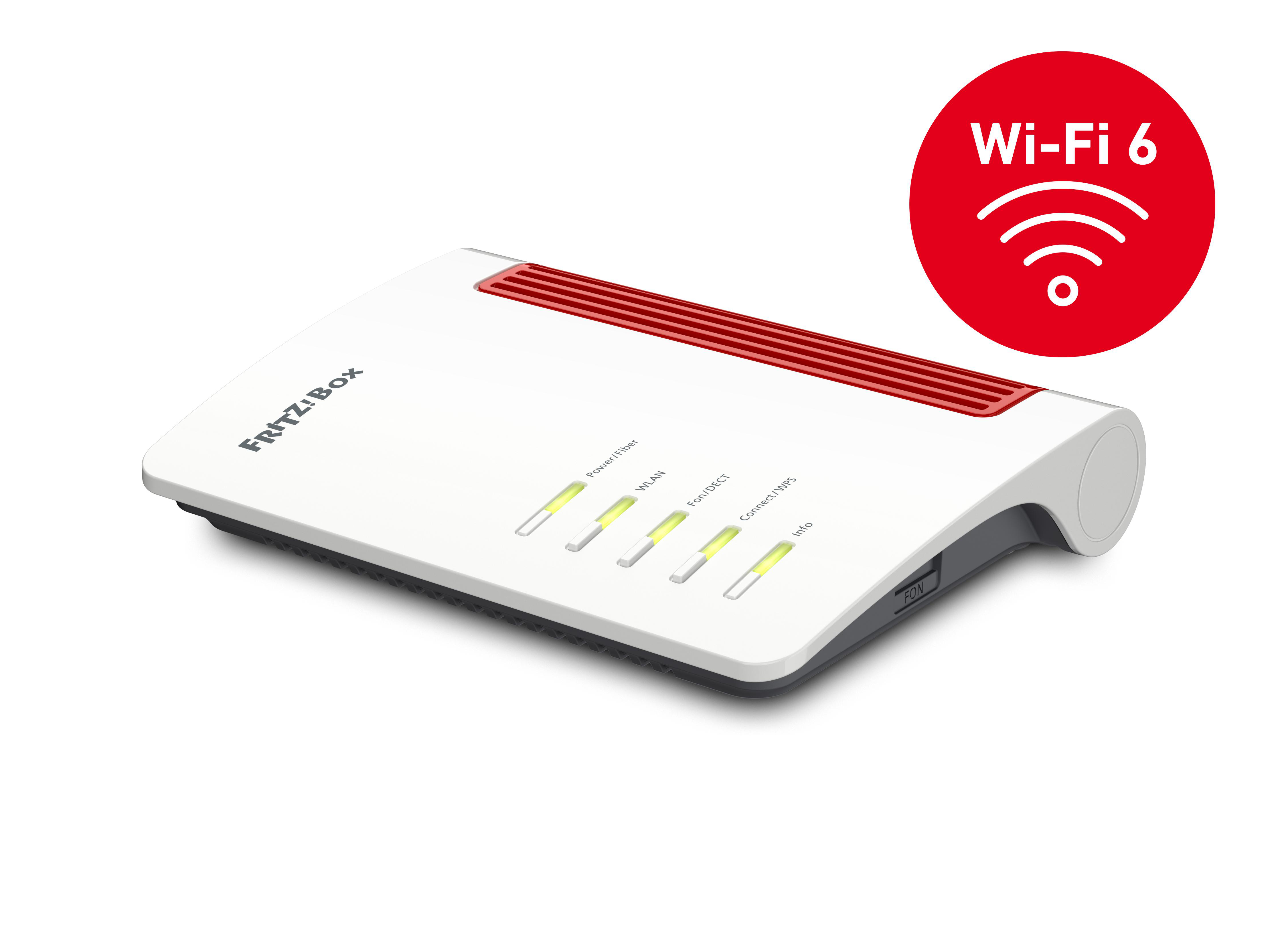 Ein weiß-roter FRITZ!Box WLAN-Router mit leuchtenden LED-Anzeigen und einem Wi-Fi-6-Symbol.