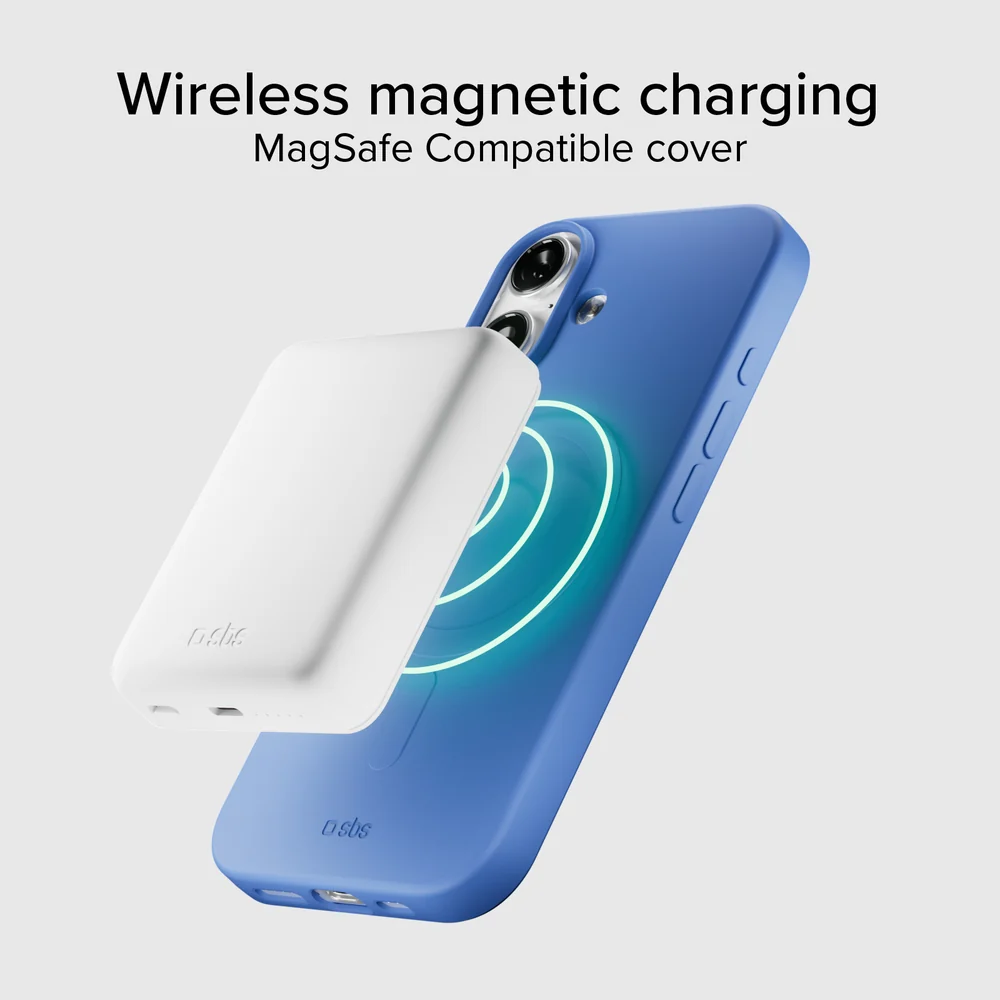 Kék MagSafe telefontok fehér powerbankkel, vezeték nélküli töltéssel.