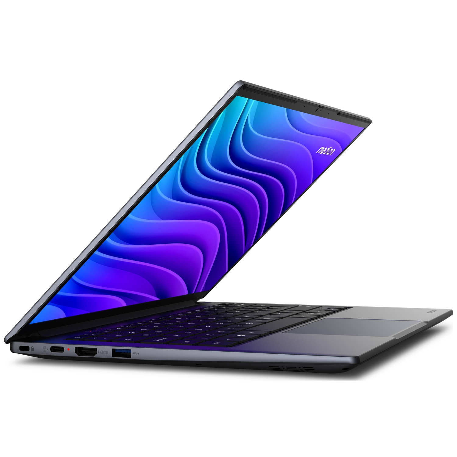 Een grijze laptop met een open scherm toont een blauw-paars golfpatroon tegen een witte achtergrond.