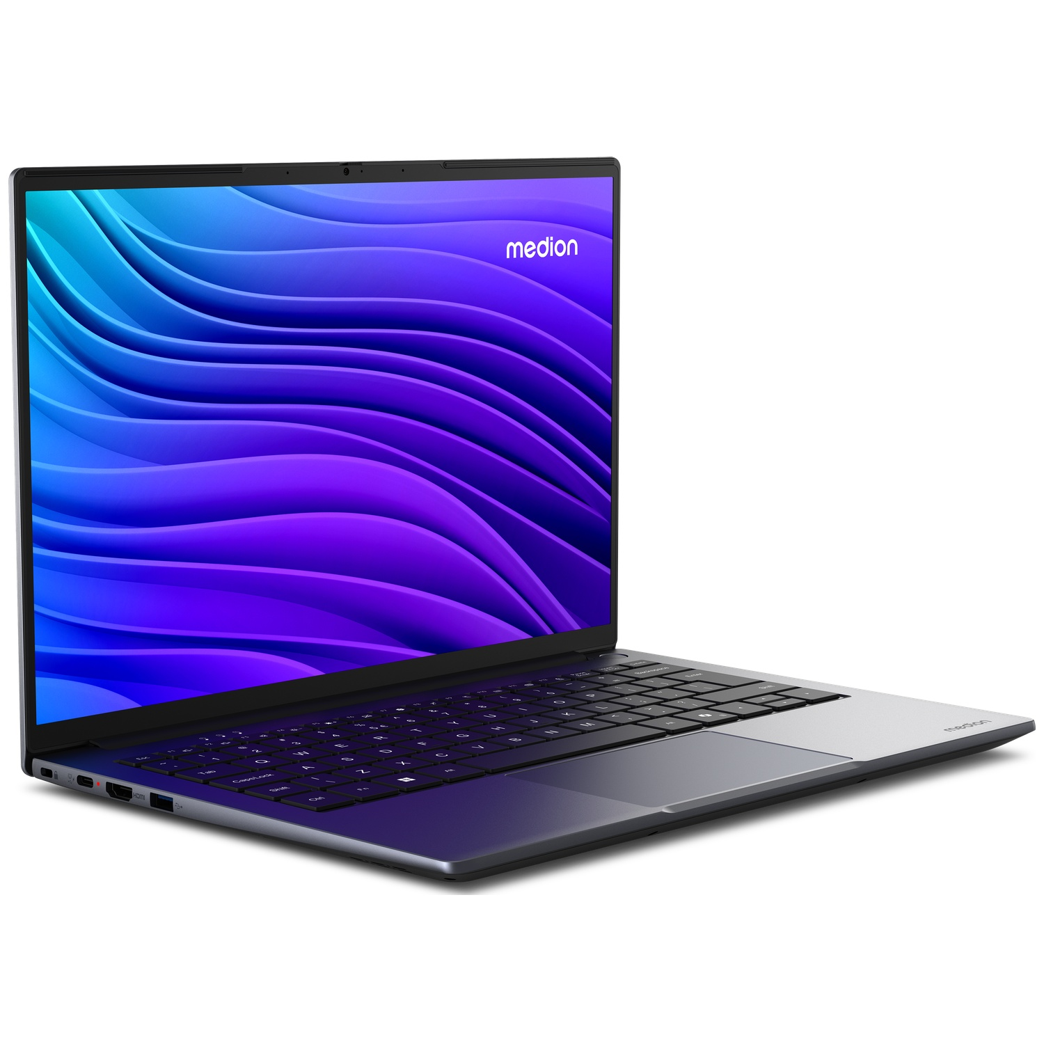 Een grijze Medion laptop met een blauw, golvend scherm staat op een wit oppervlak.