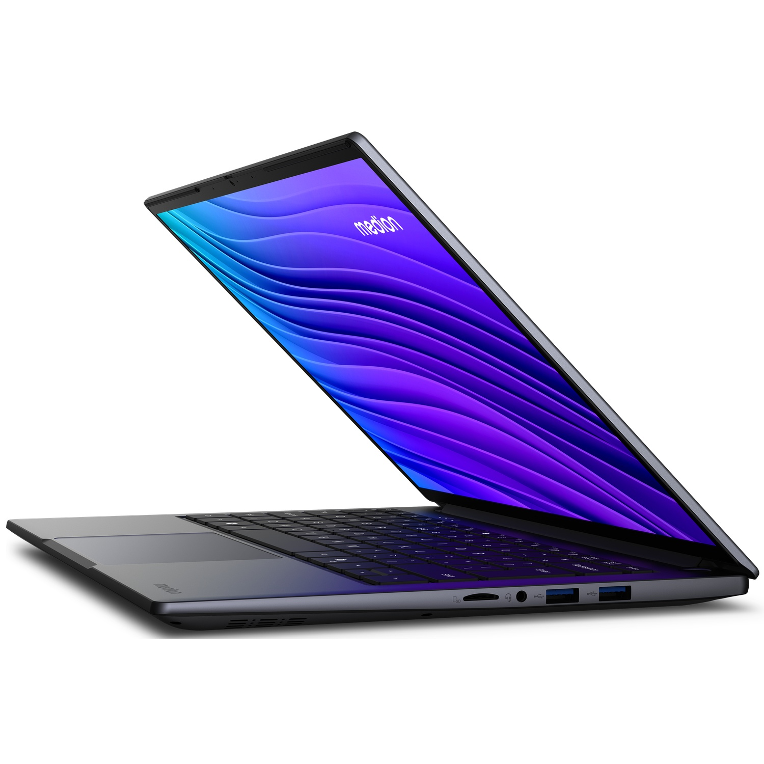 Een slanke, donkere laptop met een levendig blauw en paars golfpatroon op het scherm en witte logo-belettering.