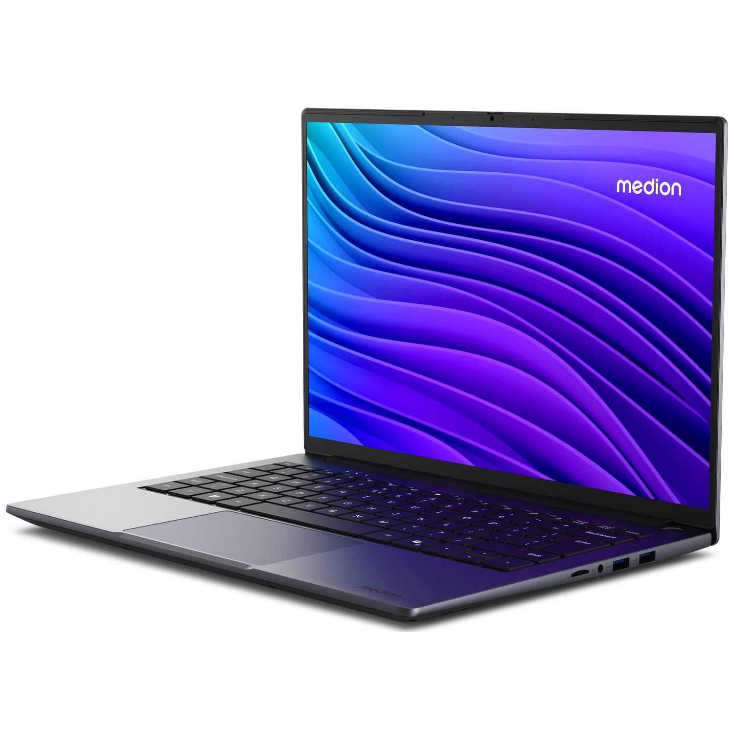 Een grijze Medion-laptop op een wit oppervlak, met een blauw en paars golfpatroon op het scherm.