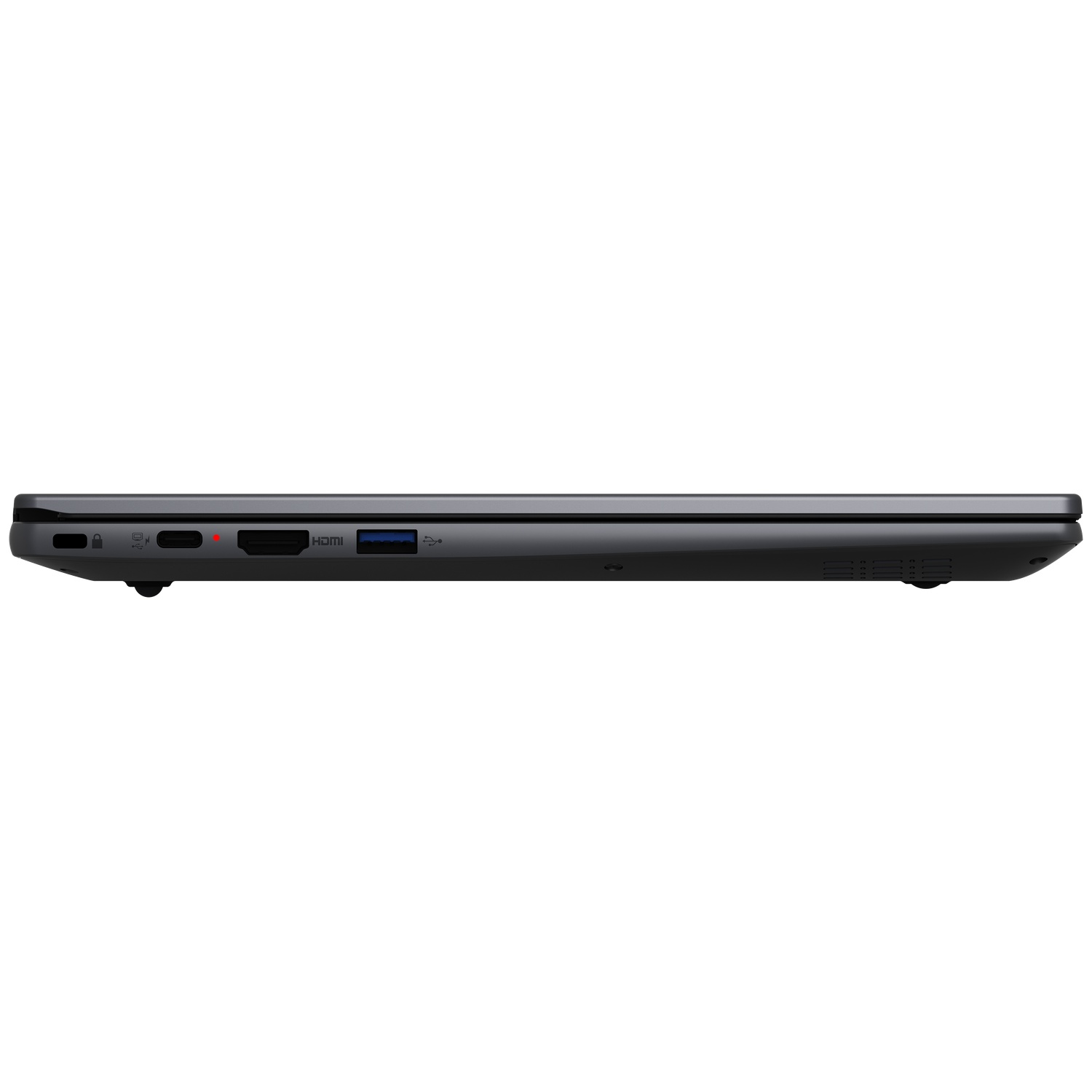 Zijaanzicht van een dunne donkergrijze laptop met diverse poorten zoals USB-C, HDMI en USB-A.