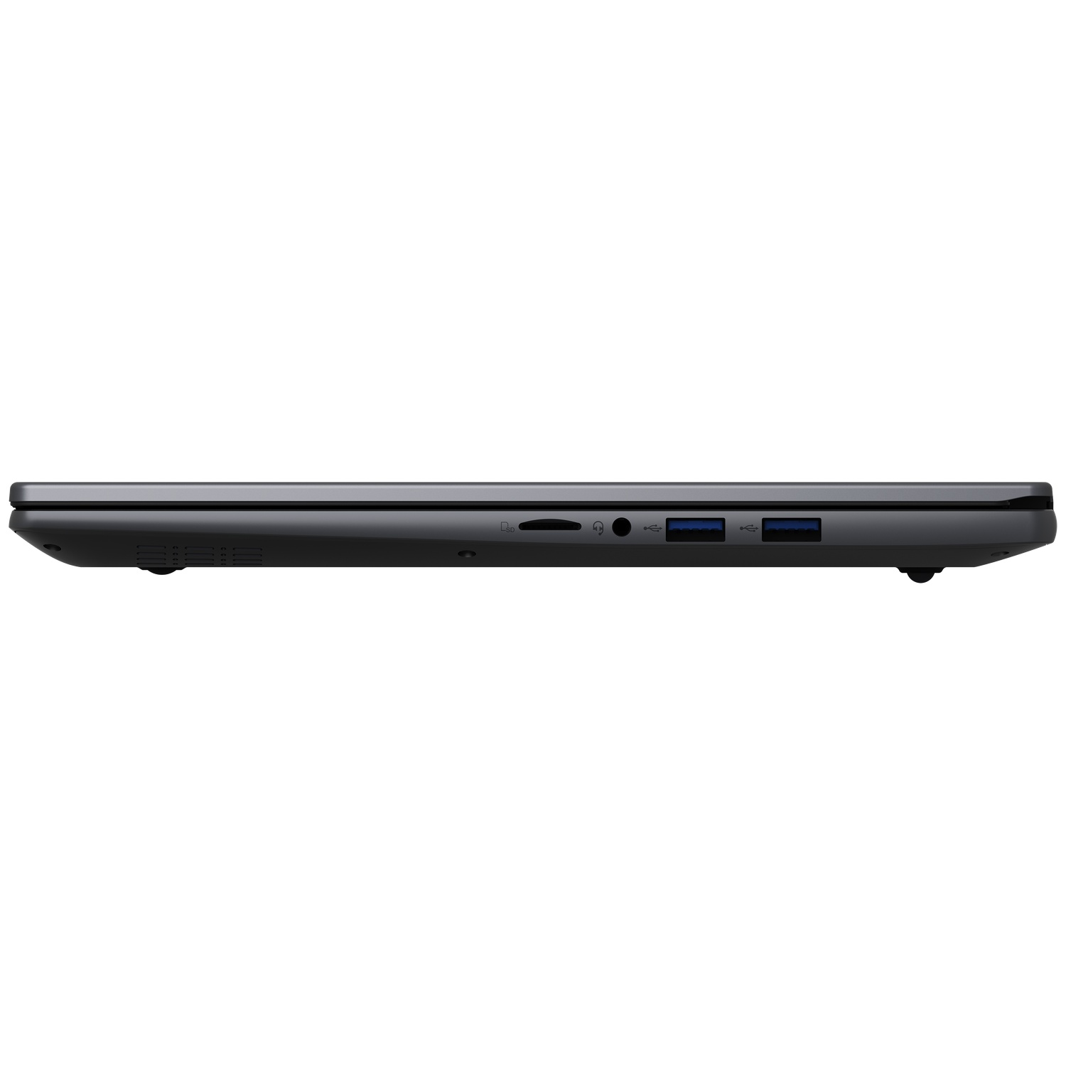 Zijaanzicht van een donkere laptop met USB-poorten, audio-aansluiting en SD-kaartlezer op een witte achtergrond.