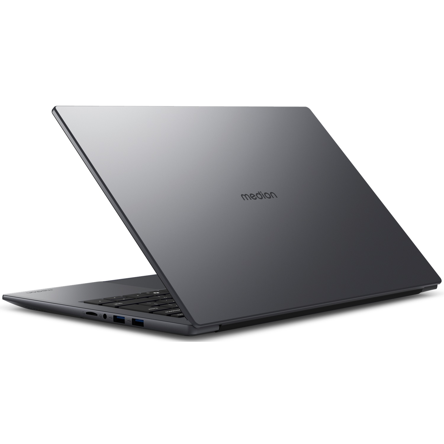 Een gesloten grijze Medion-laptop rust op een wit oppervlak met zichtbare poorten aan de zijkant.