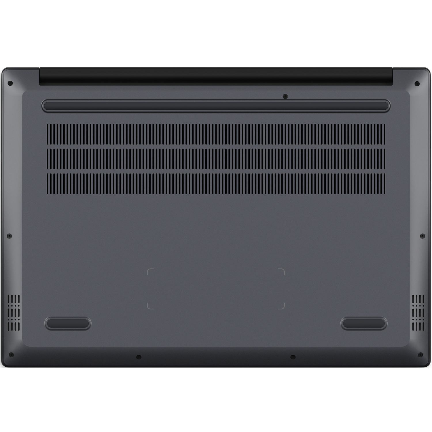 Onderkant van een grijze laptop met ventilatiegleuven, rubberen voetjes en luidsprekers.