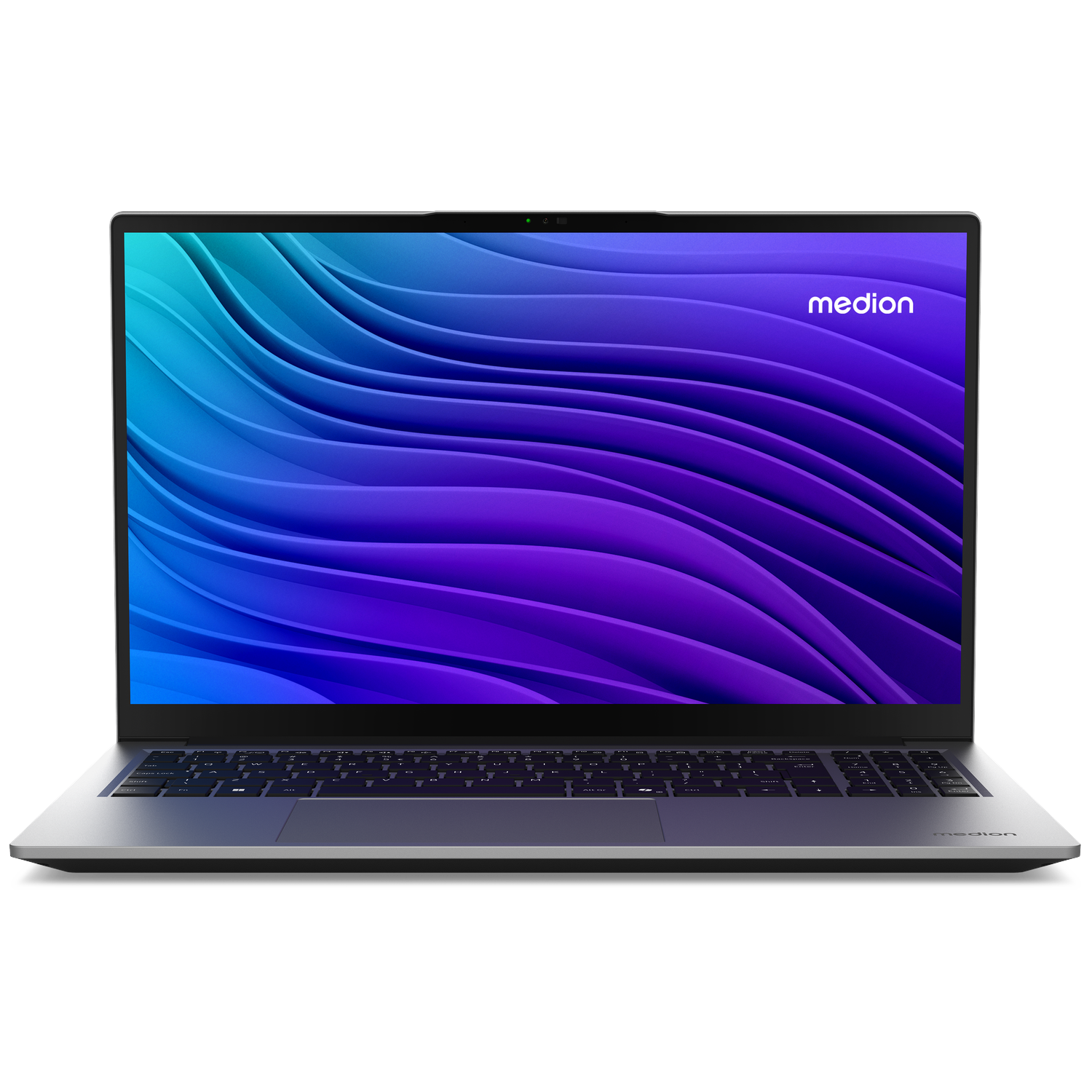 Een zilveren Medion-laptop met een blauw-paarse achtergrond en een zwart toetsenbord tegen een donkere achtergrond.