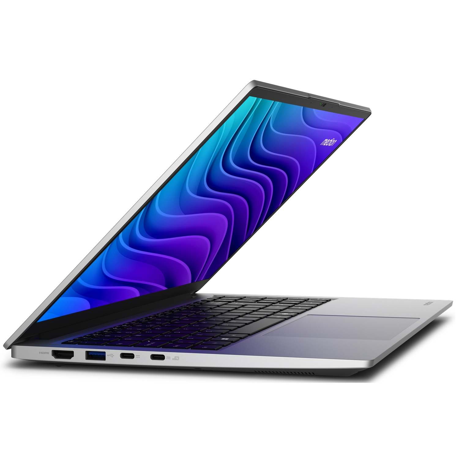 Een zilveren laptop met een zwart toetsenbord en een blauwe golfachtergrond op het scherm.