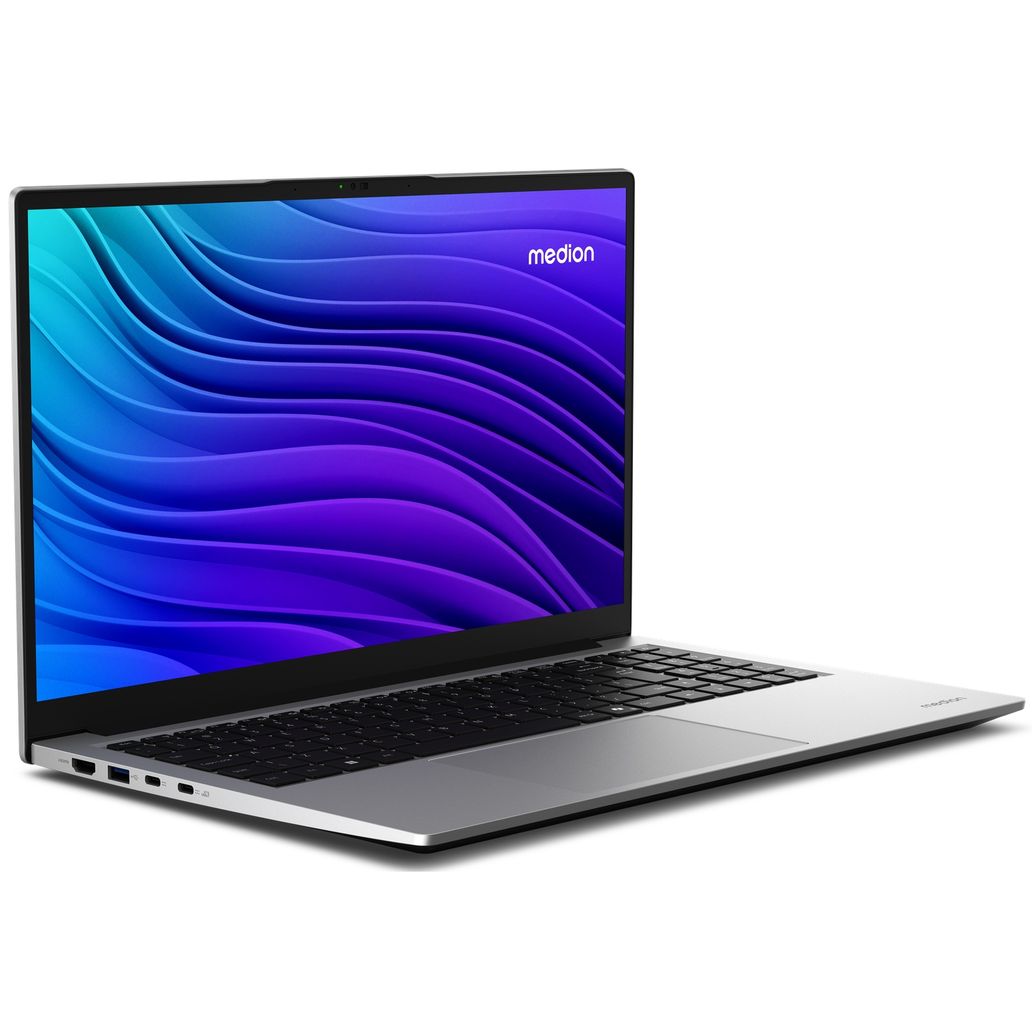 Zilveren Medion laptop met zwart toetsenbord en blauw-paarse golfachtergrond, op een witte achtergrond.