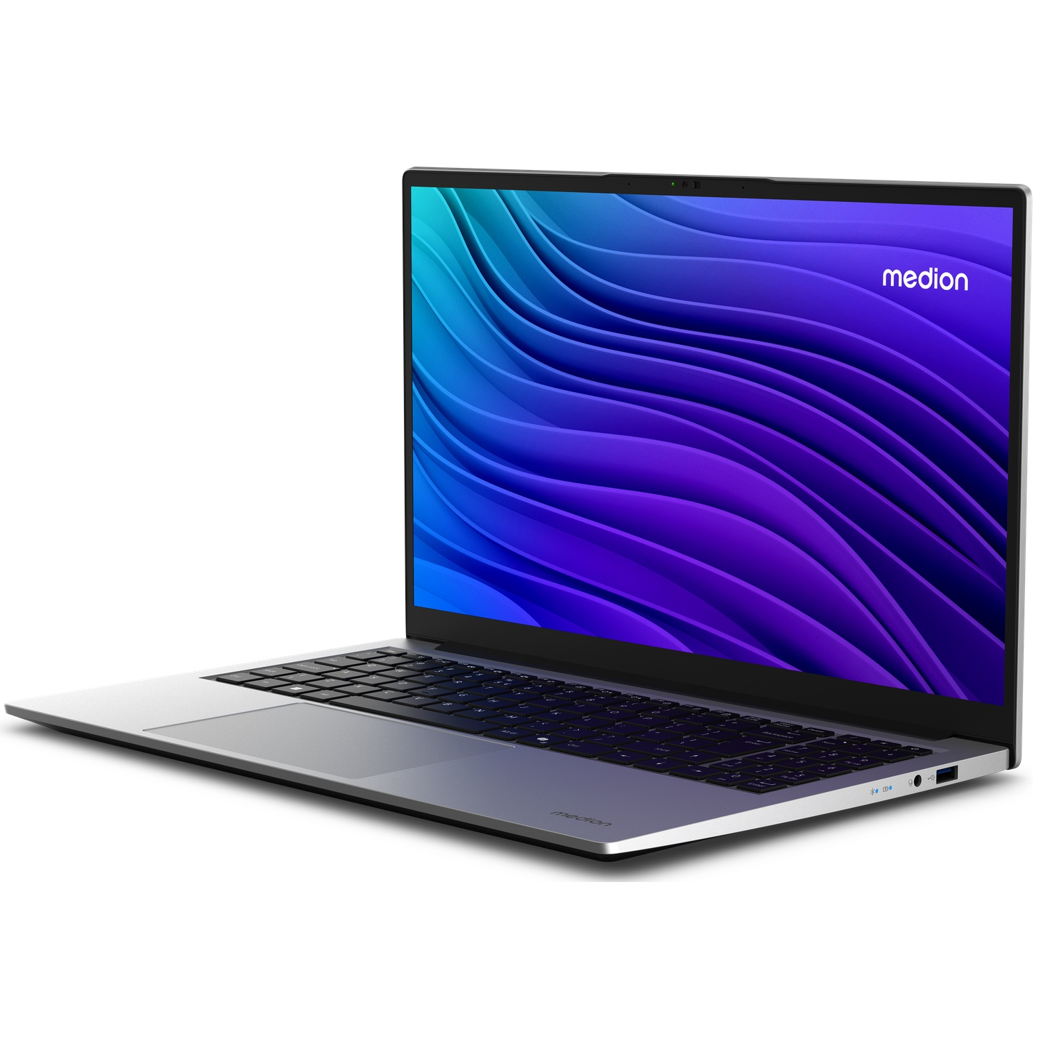 Een zilveren Medion-laptop staat open tegen een witte achtergrond, met een blauw en paars golfpatroon op het scherm.