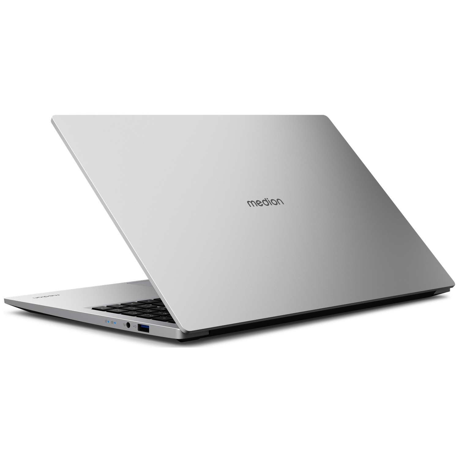 Een zilveren Medion laptop met een open deksel op een wit oppervlak.