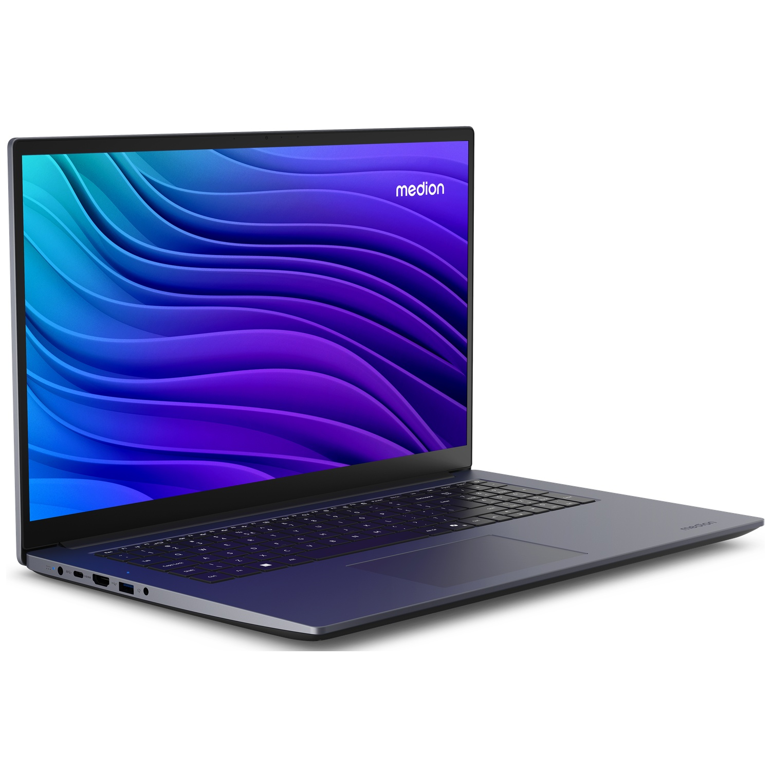 Een grijze Medion laptop op een witte achtergrond met blauw-paarse golfachtergrond op het scherm.