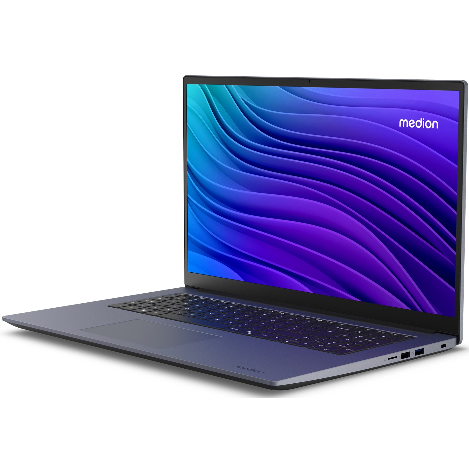 Een grijze Medion-laptop op een wit oppervlak met een blauw-paars golfpatroon op het scherm.