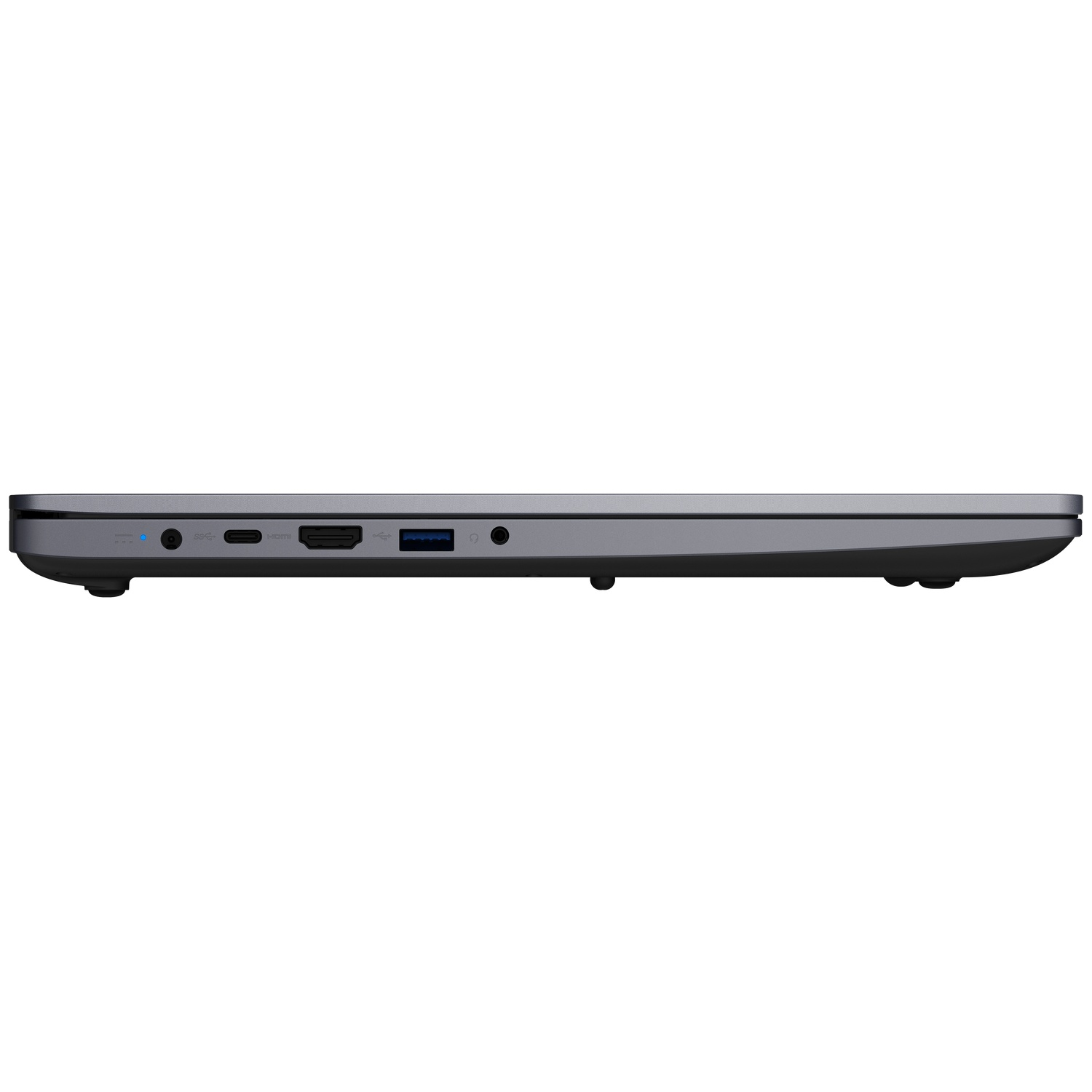 Zijaanzicht van een grijze laptop met verschillende poorten zoals USB, HDMI en audio.