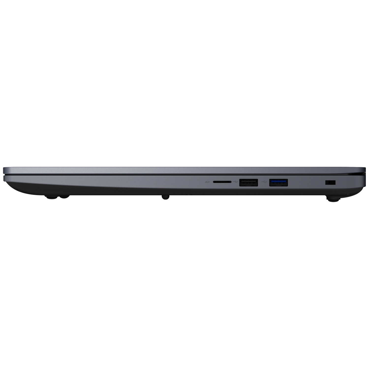 Zijaanzicht van een gesloten donkere laptop met USB-poorten en een SD-kaartlezer.