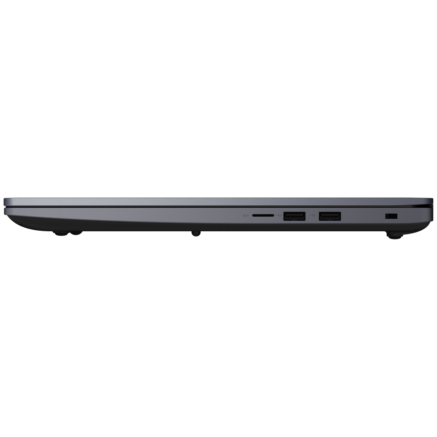 Zijaanzicht van een gesloten donkere laptop met USB- en SD-kaartpoorten op een witte achtergrond.