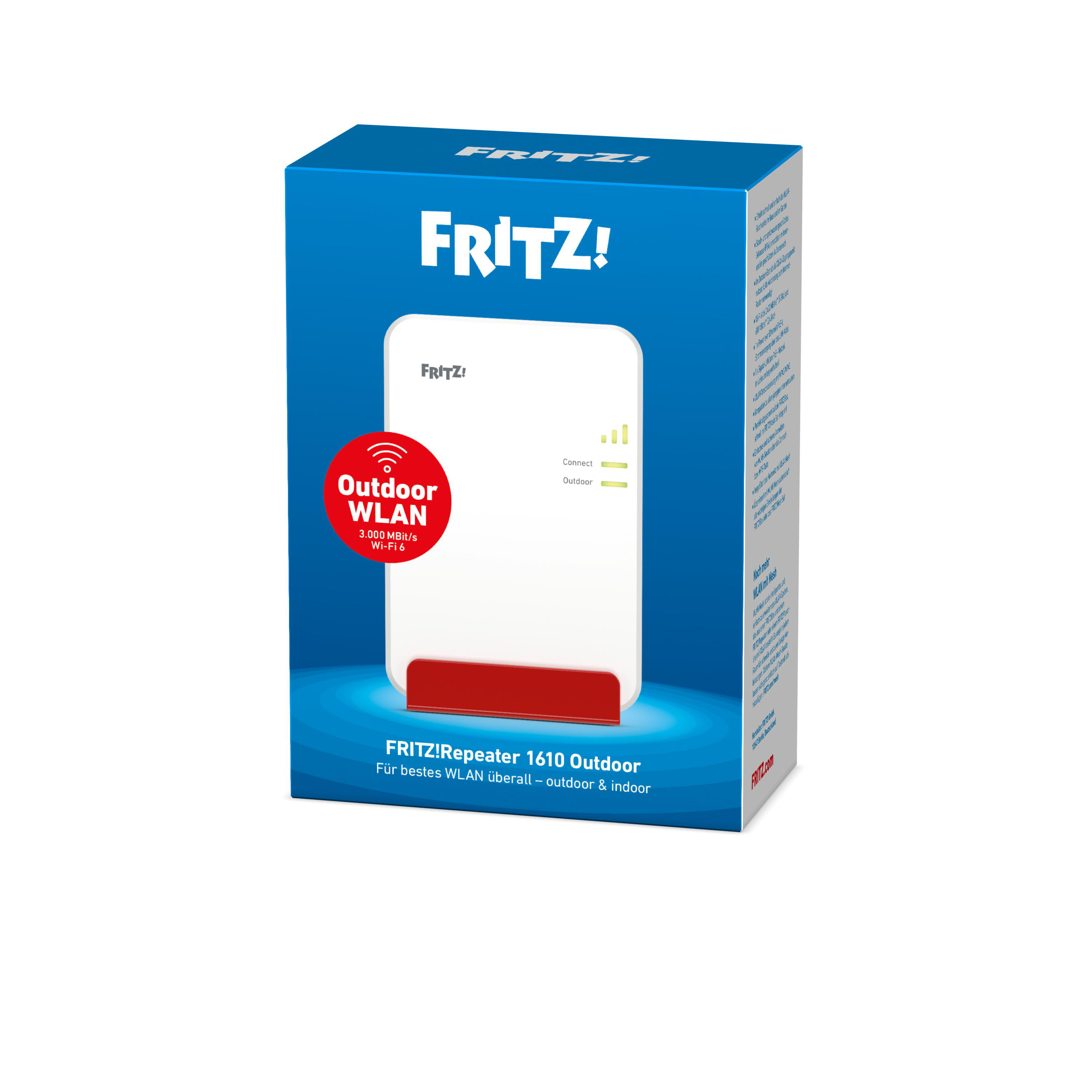 Blaues Produktgehäuse für FRITZ!Repeater 1610 Outdoor mit weißem Gerätedesign und roten Akzenten.