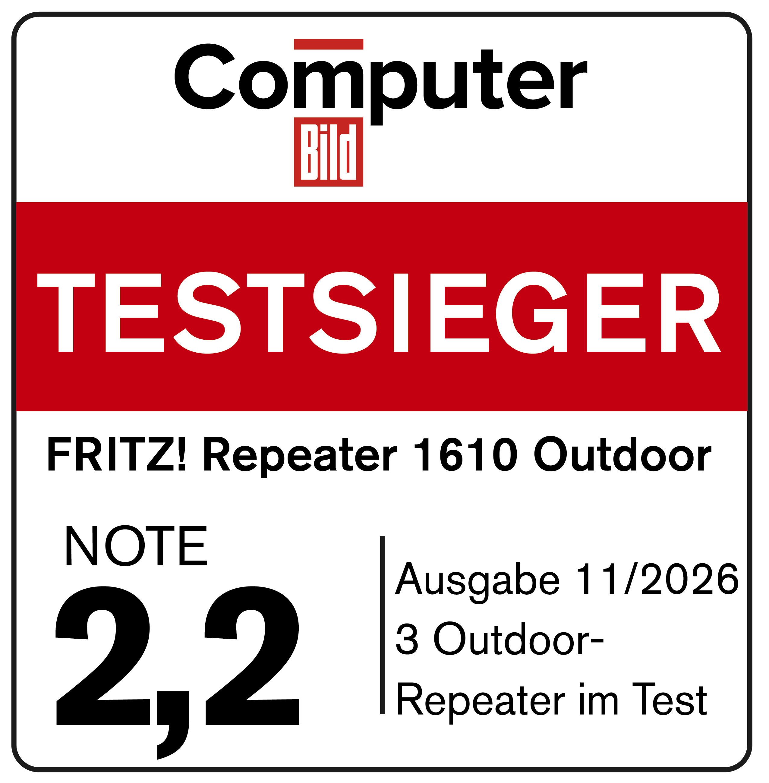 Computer Bild Siegel mit Testsieger, Produktname FRITZ! Repeater 1610 Outdoor und Note 2,2.