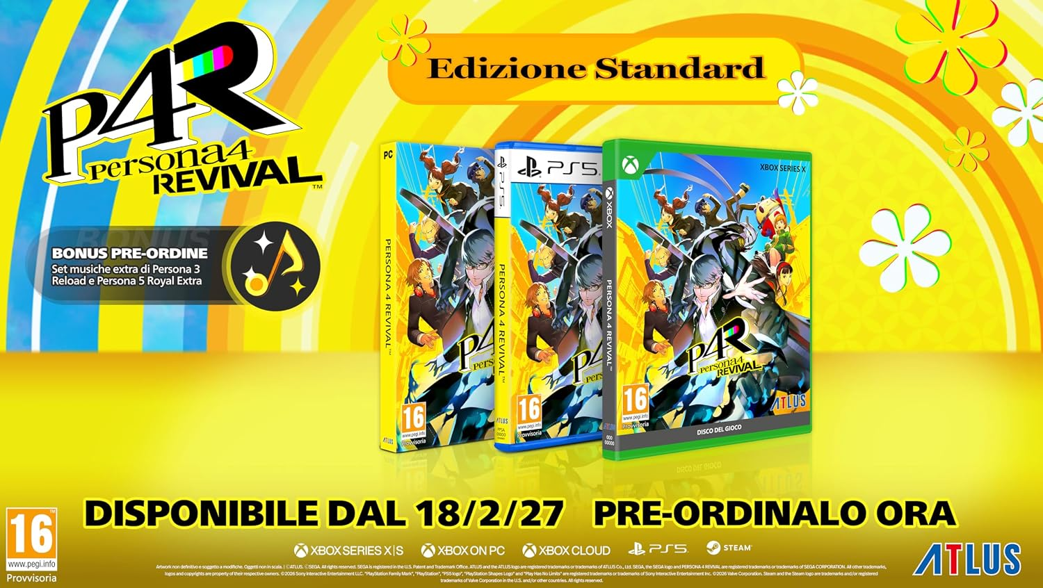 Persona 4 Revival Standard Edition Boxen für PC, PS5 und Xbox auf gelbem Hintergrund.