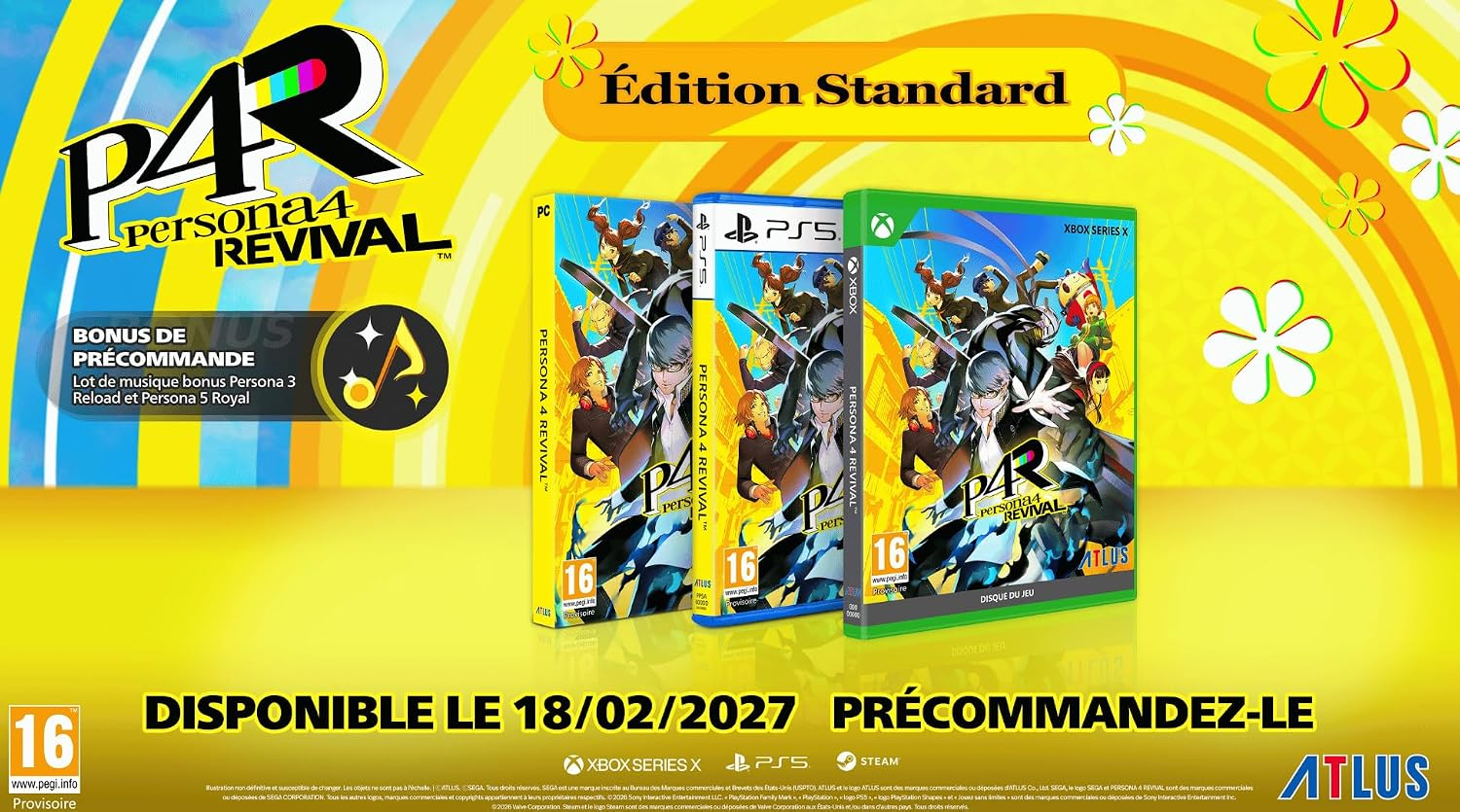 Werbung für Persona 4 Revival, Standard Edition für PC, PS5 und Xbox Series X, verfügbar am 18.02.2027.
