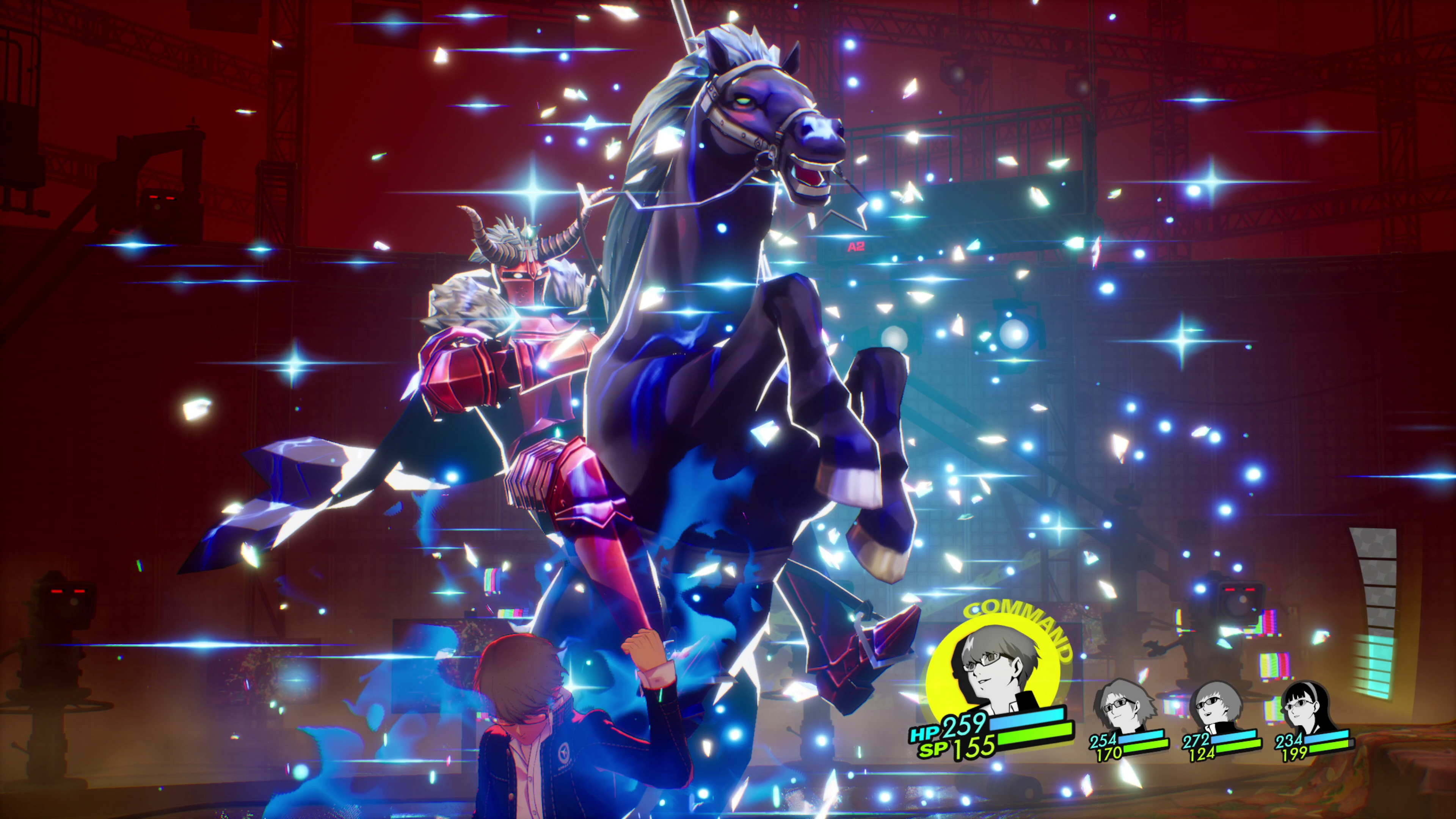 Ein gehörnter Ritter auf einem schwarzen Pferd mit blauen Lichteffekten und HUD-Elementen.