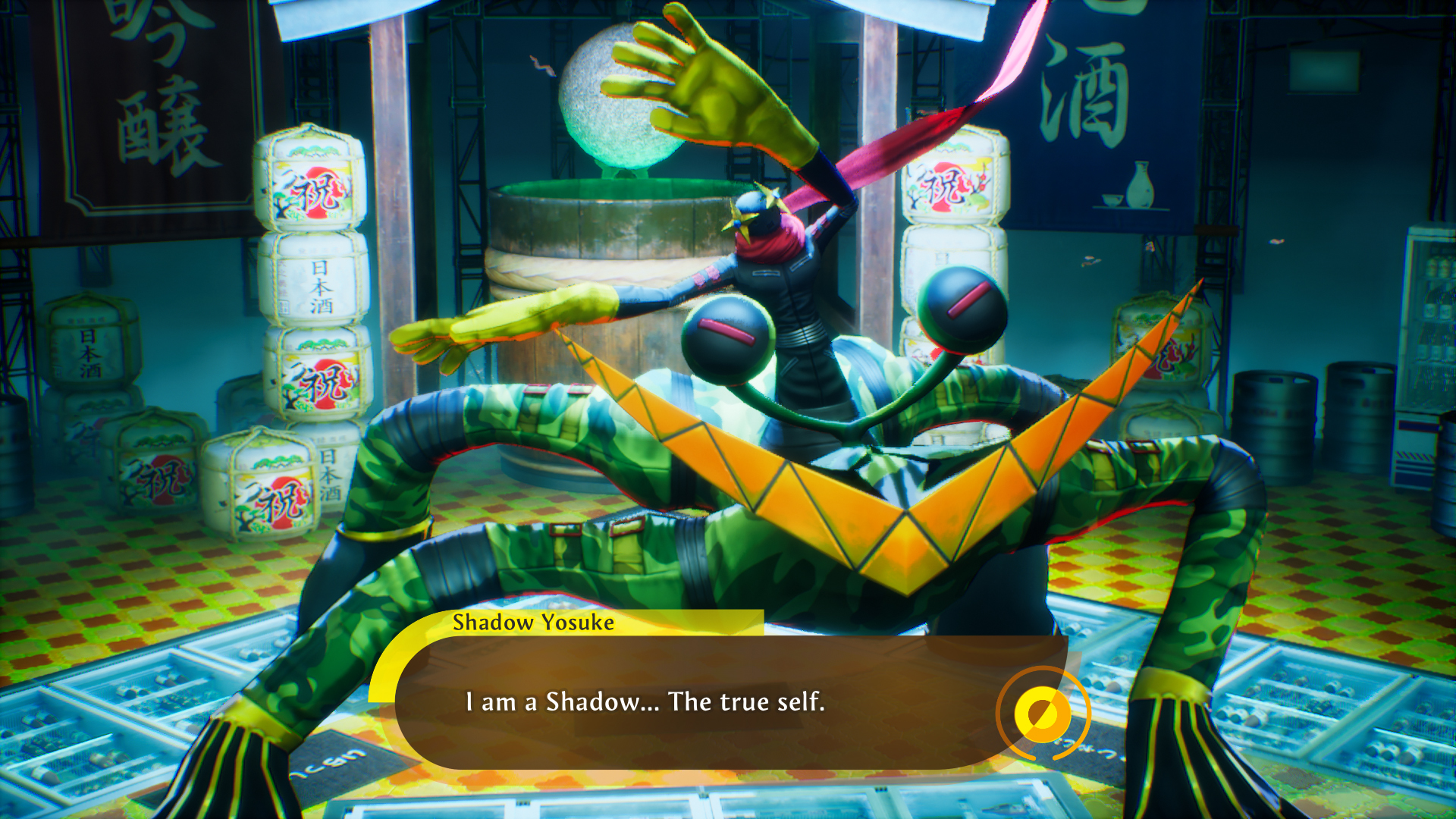 Schatten Yosuke sagt im Spiel 'Ich bin ein Schatten... Das wahre Selbst' vor gestapelten Fässern.