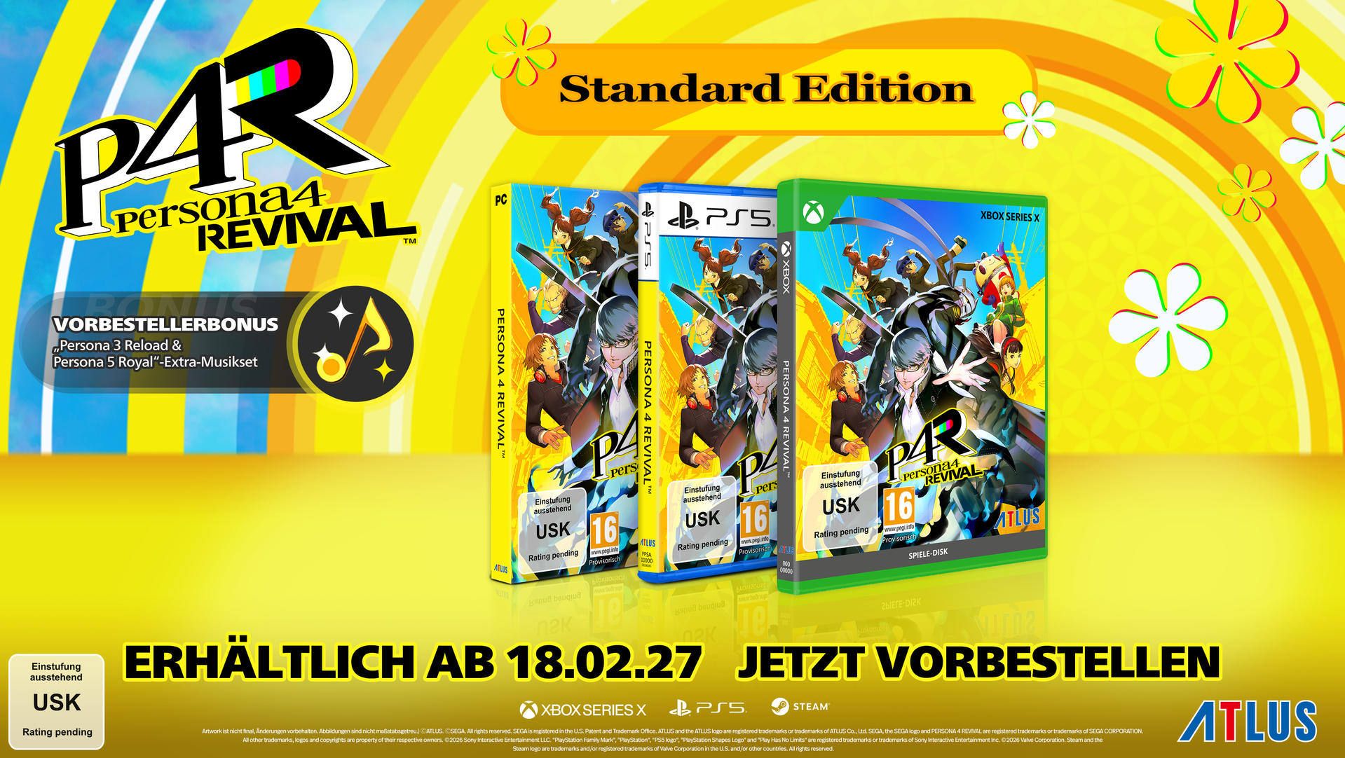 Persona 4 Revival Standard Edition Cover für PC, PS5 und Xbox Series X vor gelbem Hintergrund.