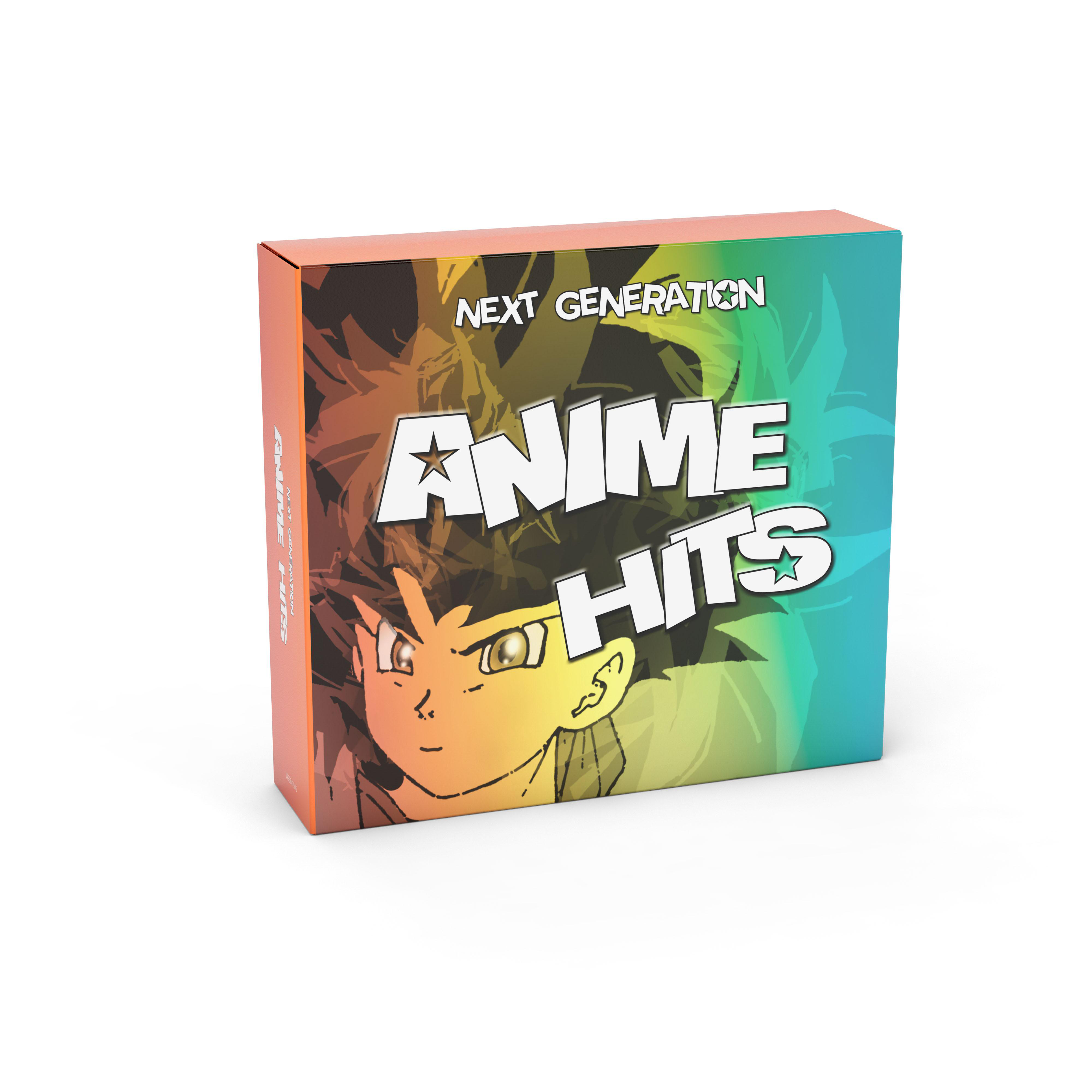 Eine bunte Anime Hits Brettspielbox mit Regenbogenfarben und Illustrationen von Anime-Gesichtern.