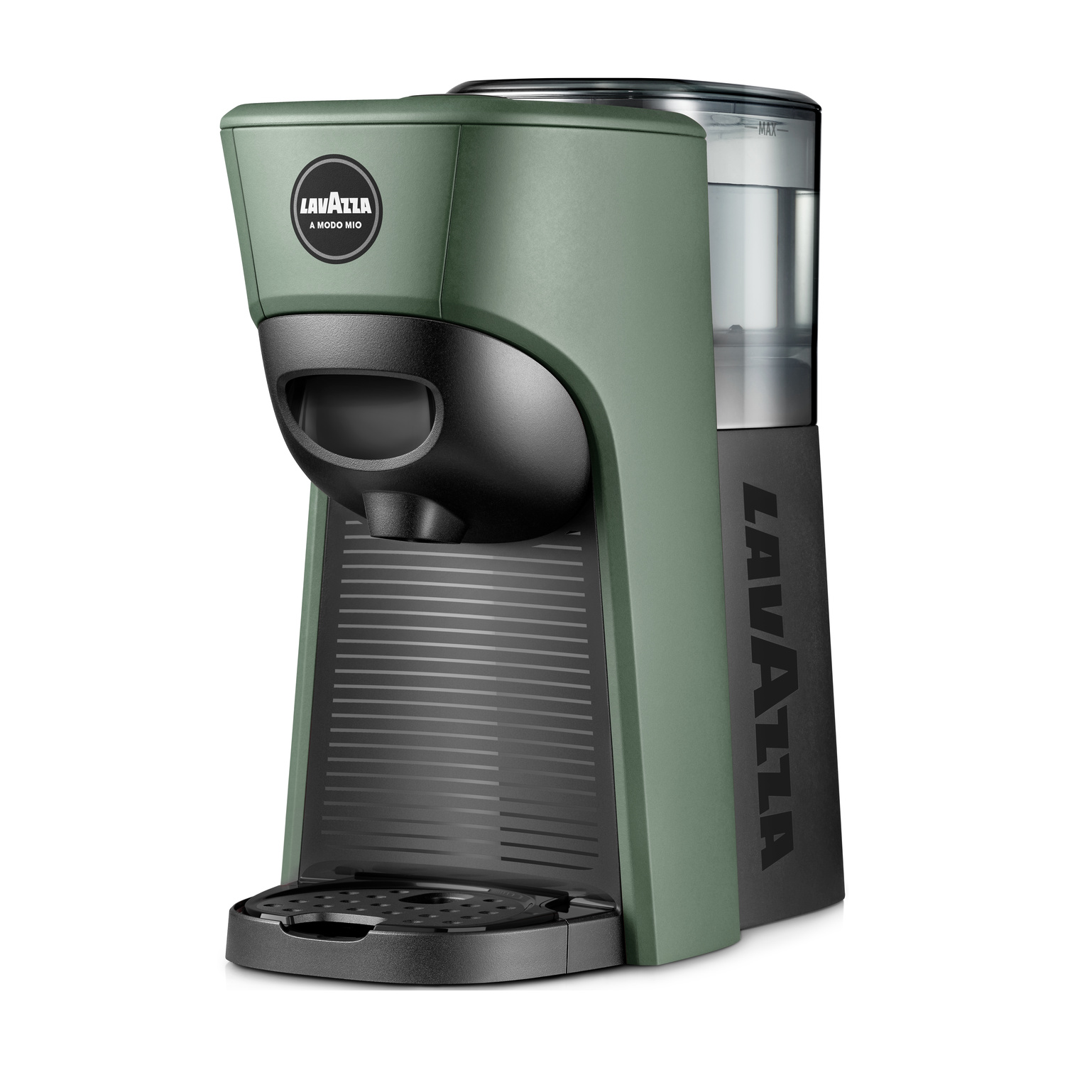 Una moderna macchina da caffè Lavazza A Modo Mio verde e nera su sfondo bianco.