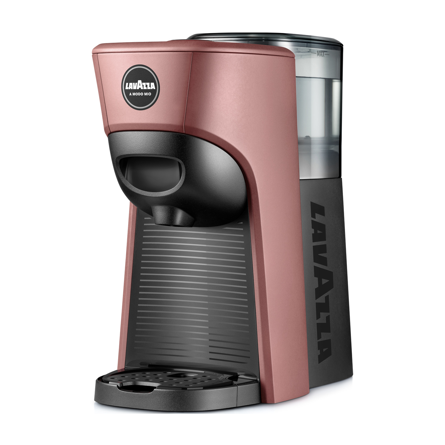 Una macchina da caffè Lavazza A Modo Mio rosa e nera su sfondo bianco.