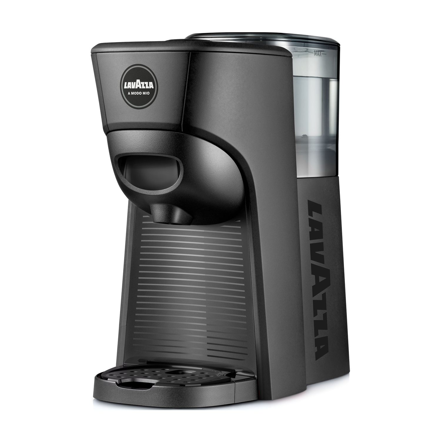 Una macchina da caffè nera Lavazza A Modo Mio su fondo bianco con serbatoio dell'acqua trasparente.
