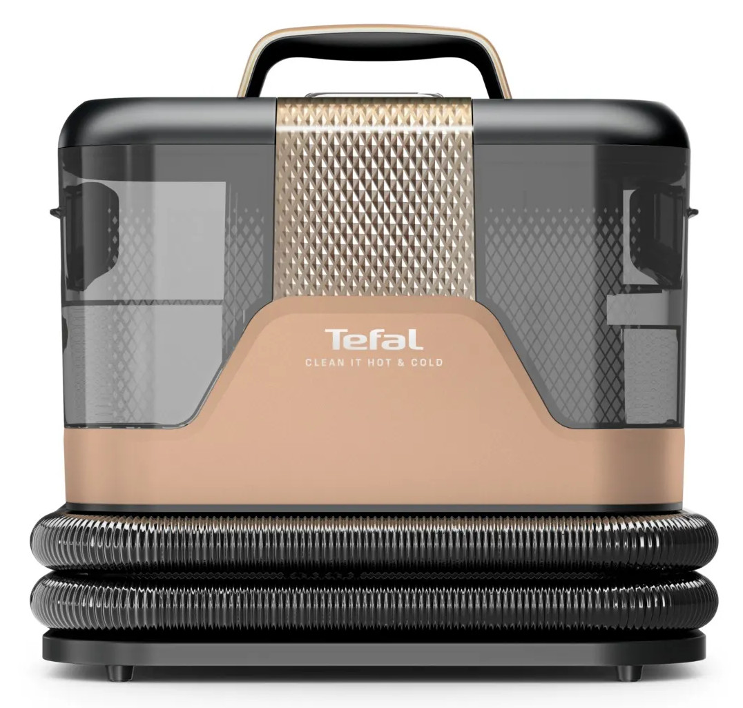 Urządzenie czyszczące Tefal w kolorze złoto-czarnym ze zwiniętym wężem na białym tle.