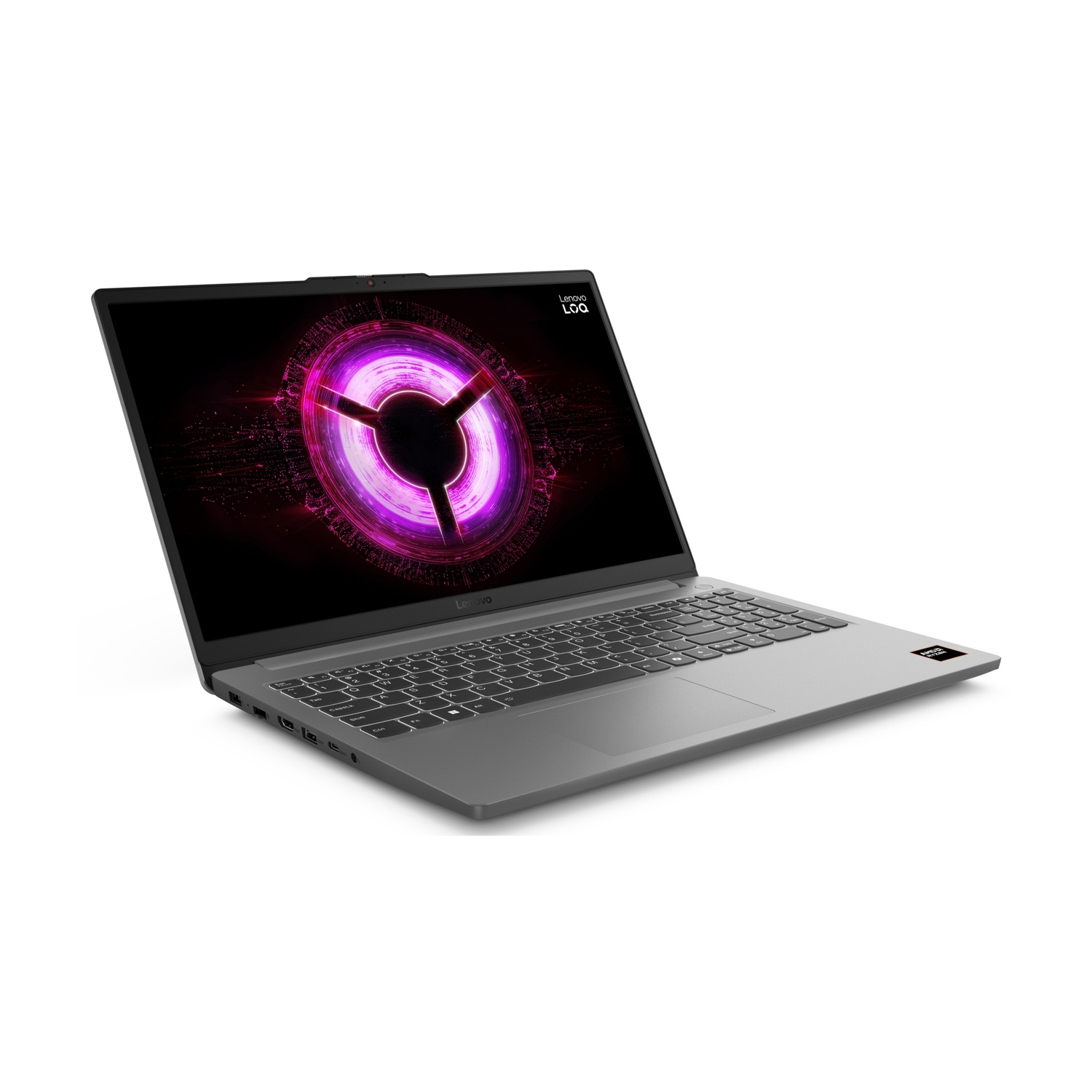 Laptop grigio Lenovo con un motivo viola luminoso sullo schermo su sfondo bianco.