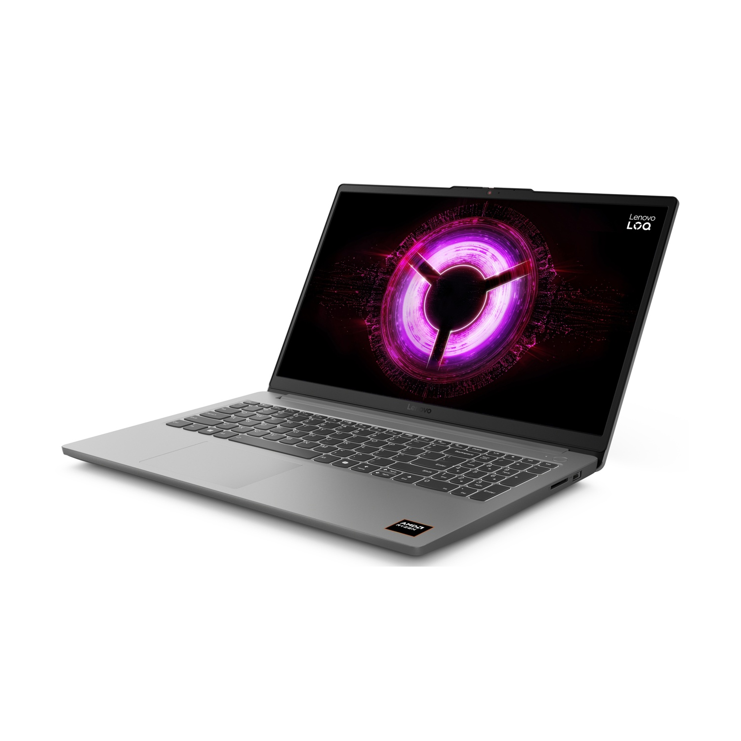 Portatile grigio Lenovo LOQ su sfondo bianco con schermo viola vivido.