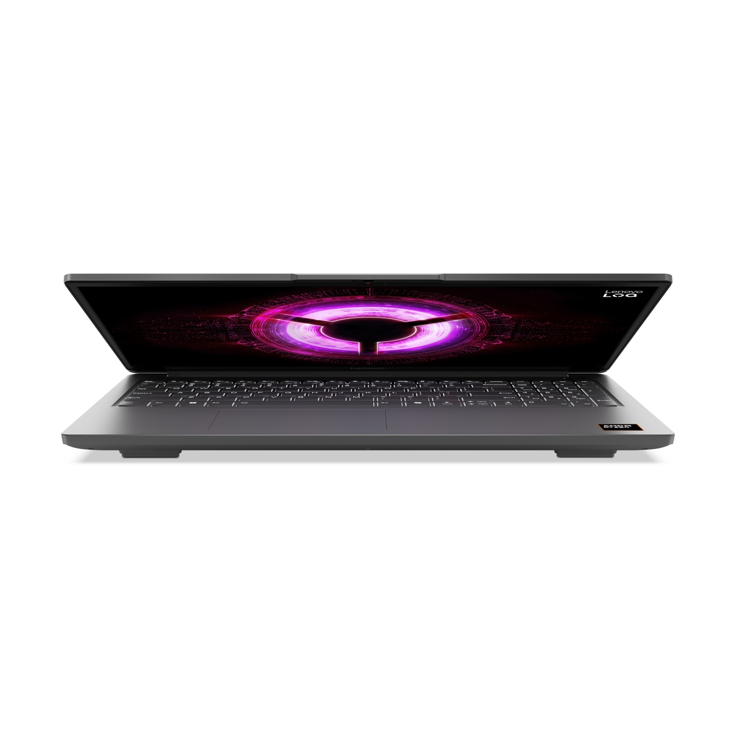 Un laptop Lenovo grigio con lo schermo aperto che mostra una grafica luminosa viola e rosa.