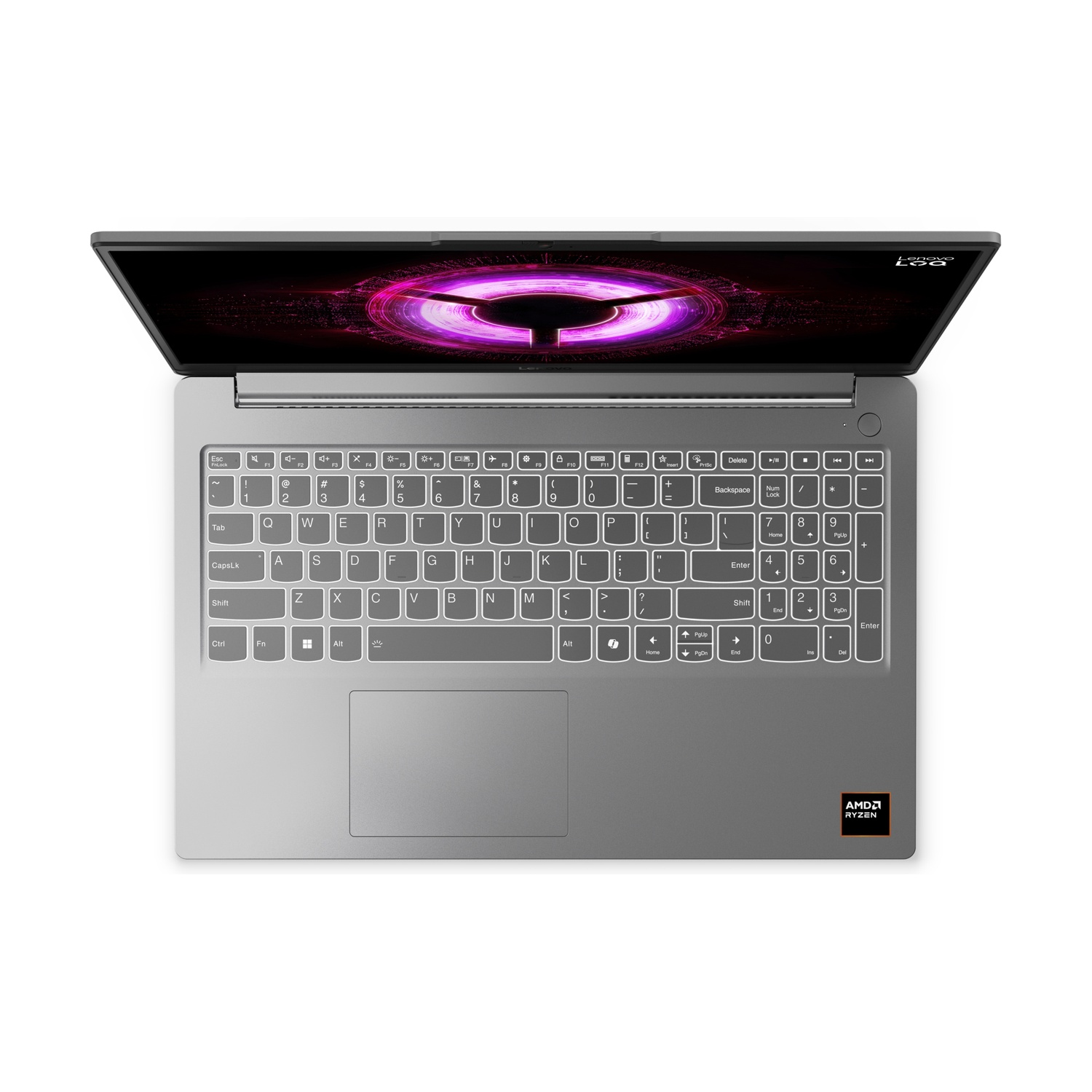 Laptop Lenovo grigio con schermo aperto che mostra uno sfondo astratto viola, tastiera retroilluminata e touchpad.
