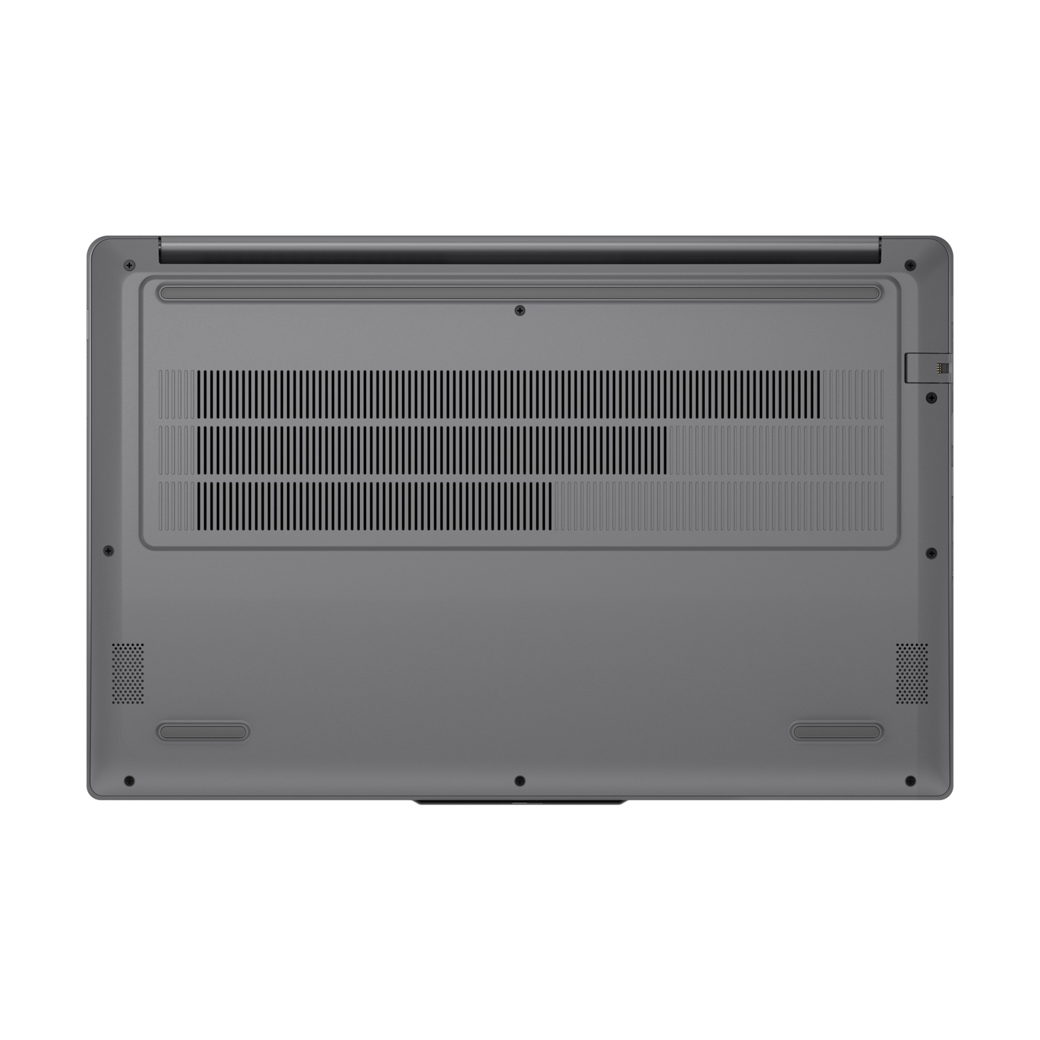 Vista inferiore di un laptop grigio con fessure di ventilazione, piedini in gomma, griglie degli altoparlanti e viti.