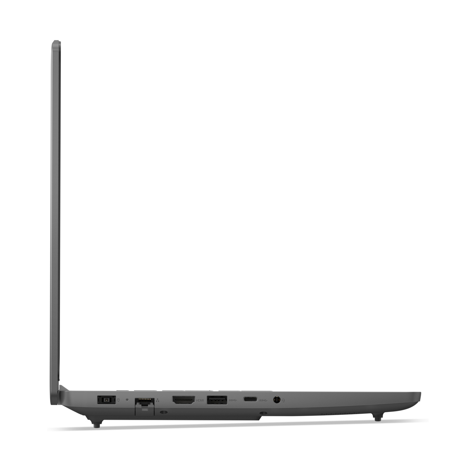 Vista laterale di un laptop grigio con porte di alimentazione, ethernet, HDMI, USB, USB-C e jack audio.