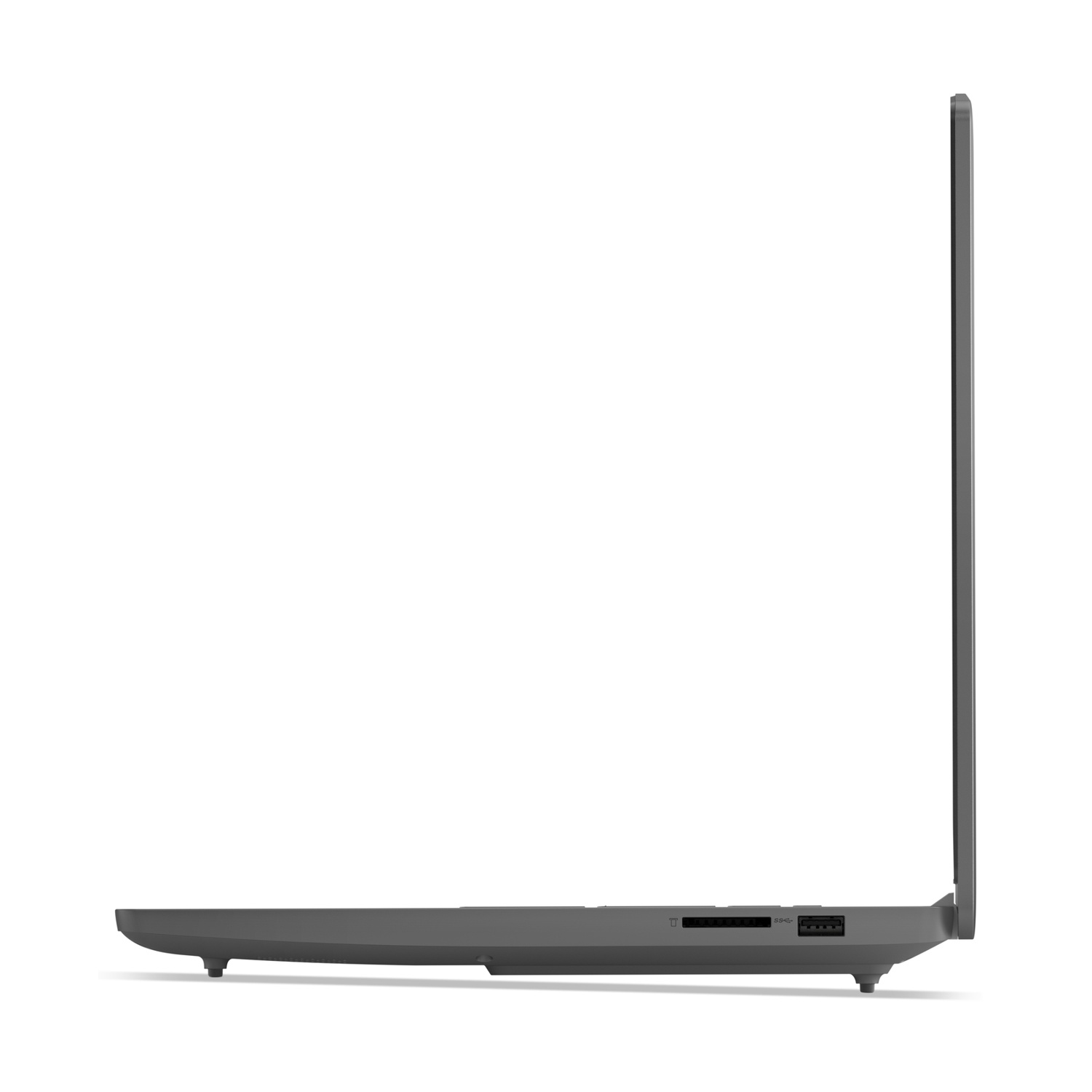 Vista laterale di un computer portatile grigio chiuso con porte visibili.