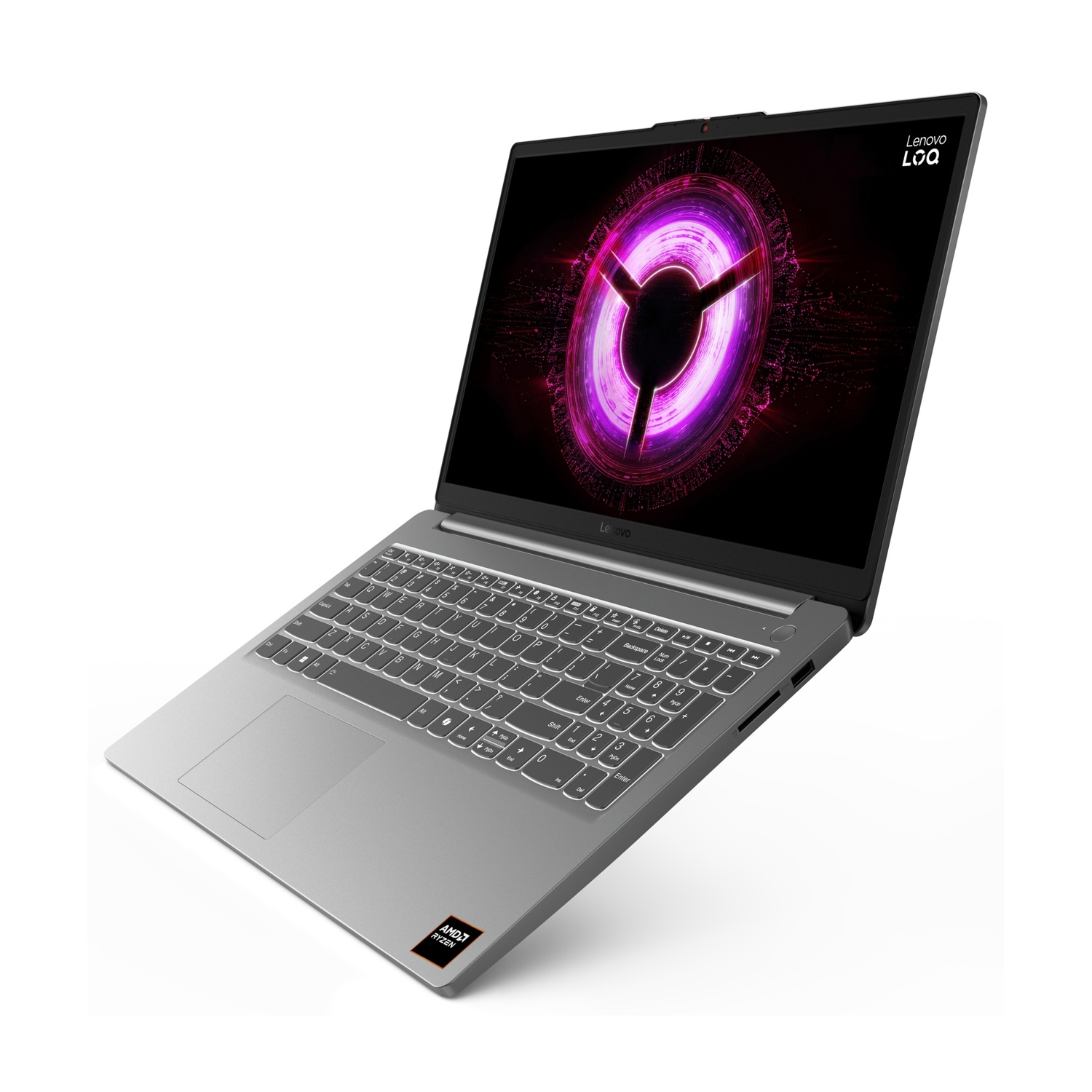 Un computer portatile grigio Lenovo LOQ con tastiera retroilluminata e uno sfondo astratto viola sullo schermo.