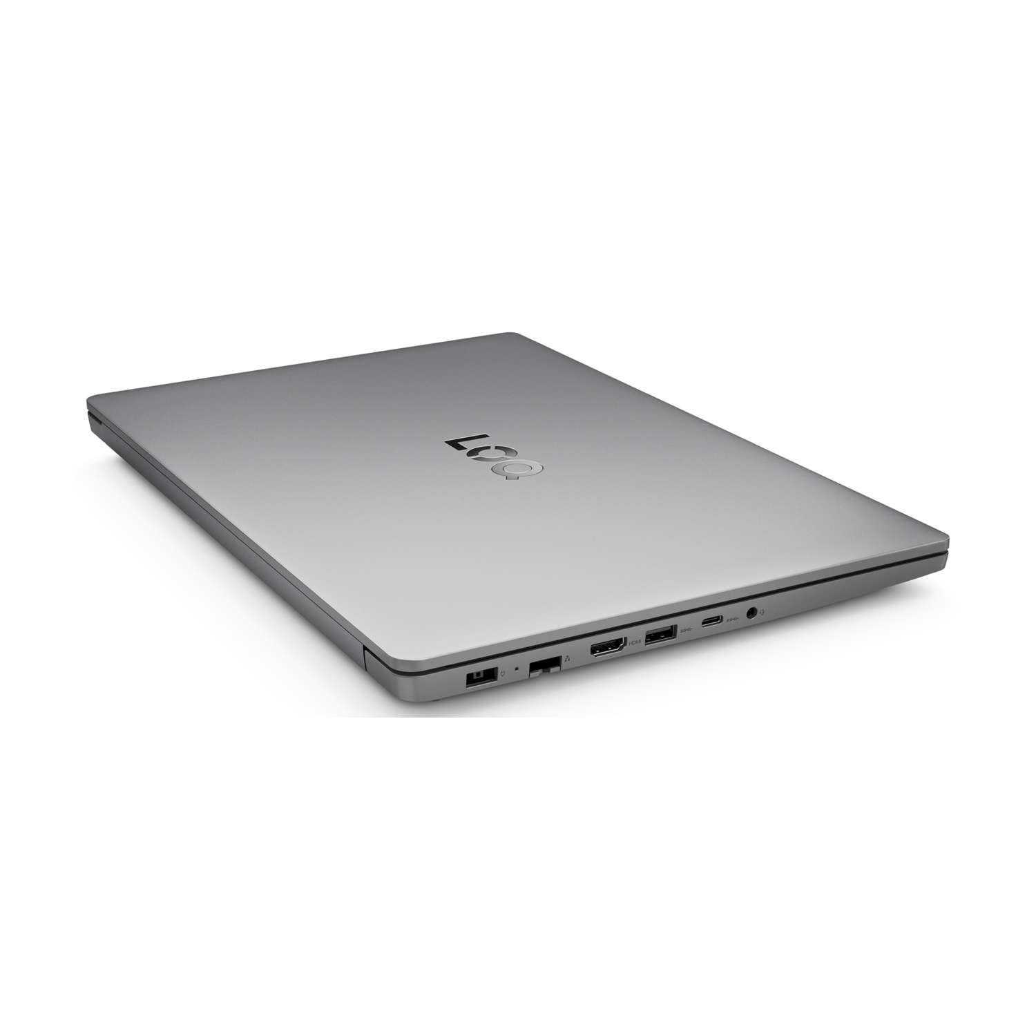 Un laptop grigio chiuso su sfondo bianco, visto da dietro, che mostra le porte e il logo LOQ sul coperchio.