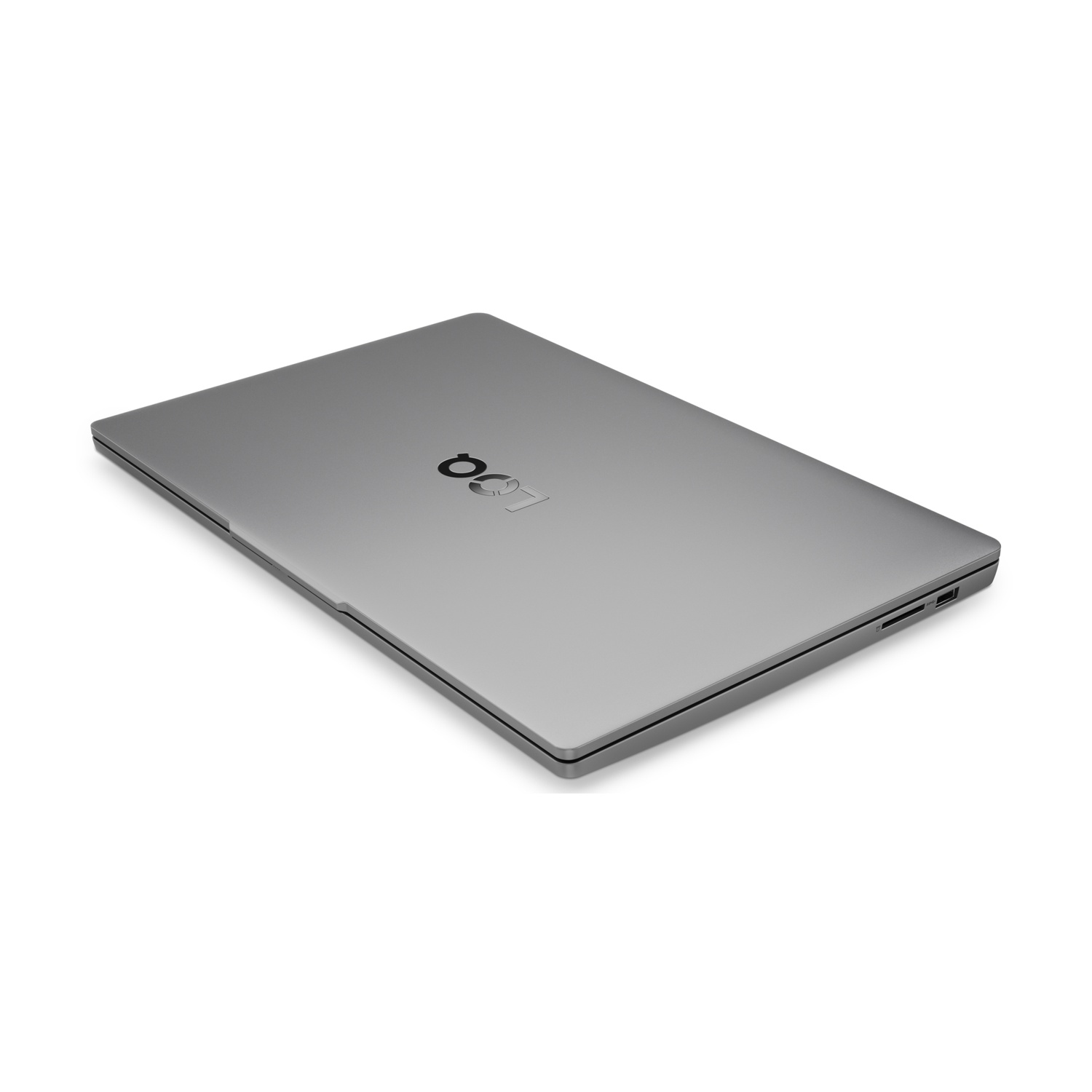 Un computer portatile grigio chiuso su sfondo bianco con il logo LOQ.