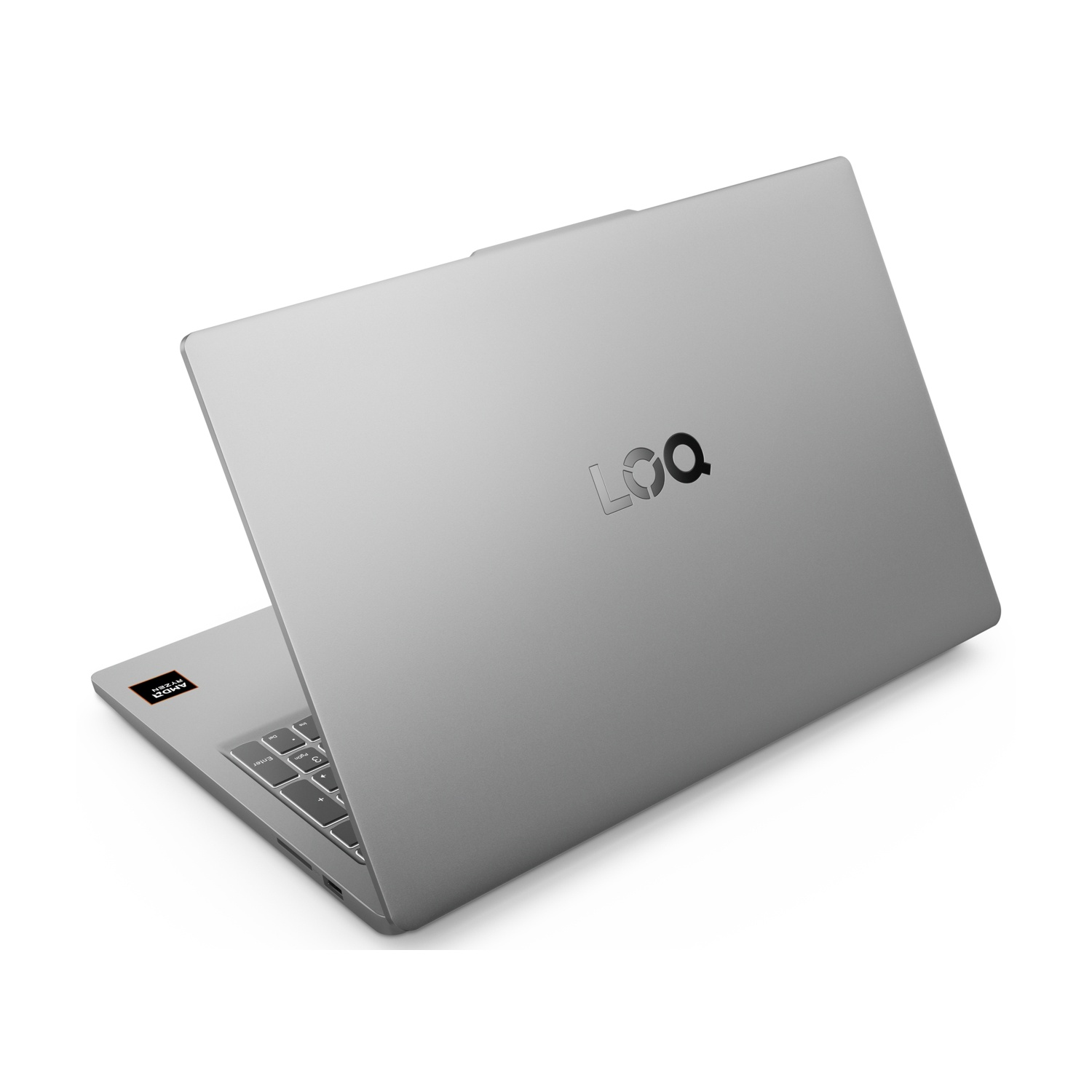 Un computer portatile Lenovo LOQ color argento in vista posteriore di tre quarti, su sfondo bianco.
