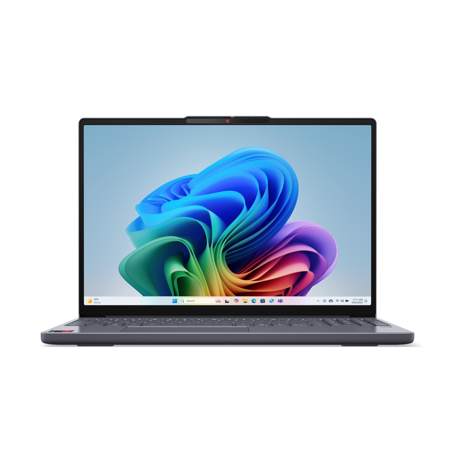 Un computer portatile grigio con una grafica floreale astratta e colorata sullo schermo, visto frontalmente su sfondo bianco.