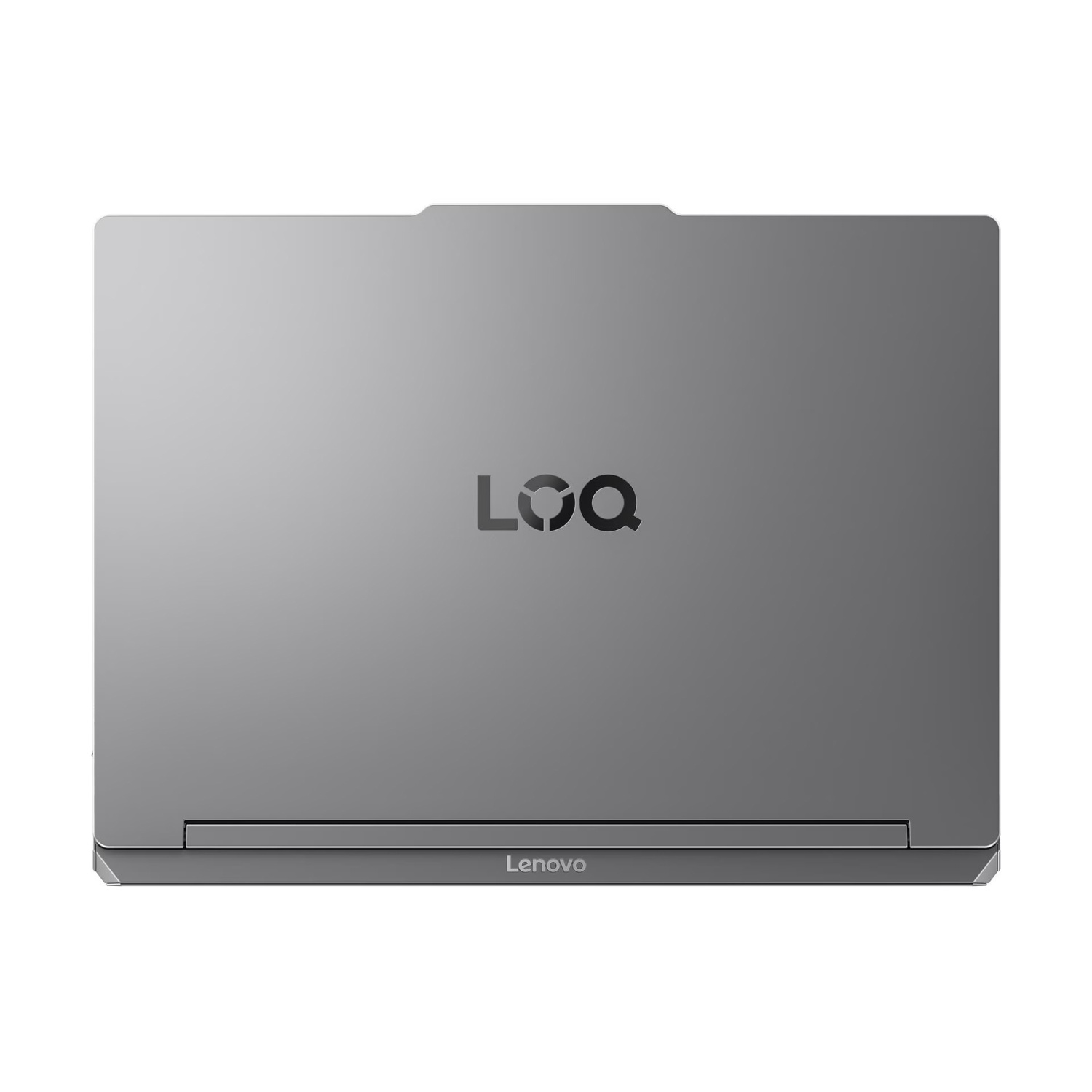 Coperchio del portatile Lenovo LOQ grigio chiuso con il logo LOQ e la scritta Lenovo su sfondo bianco.