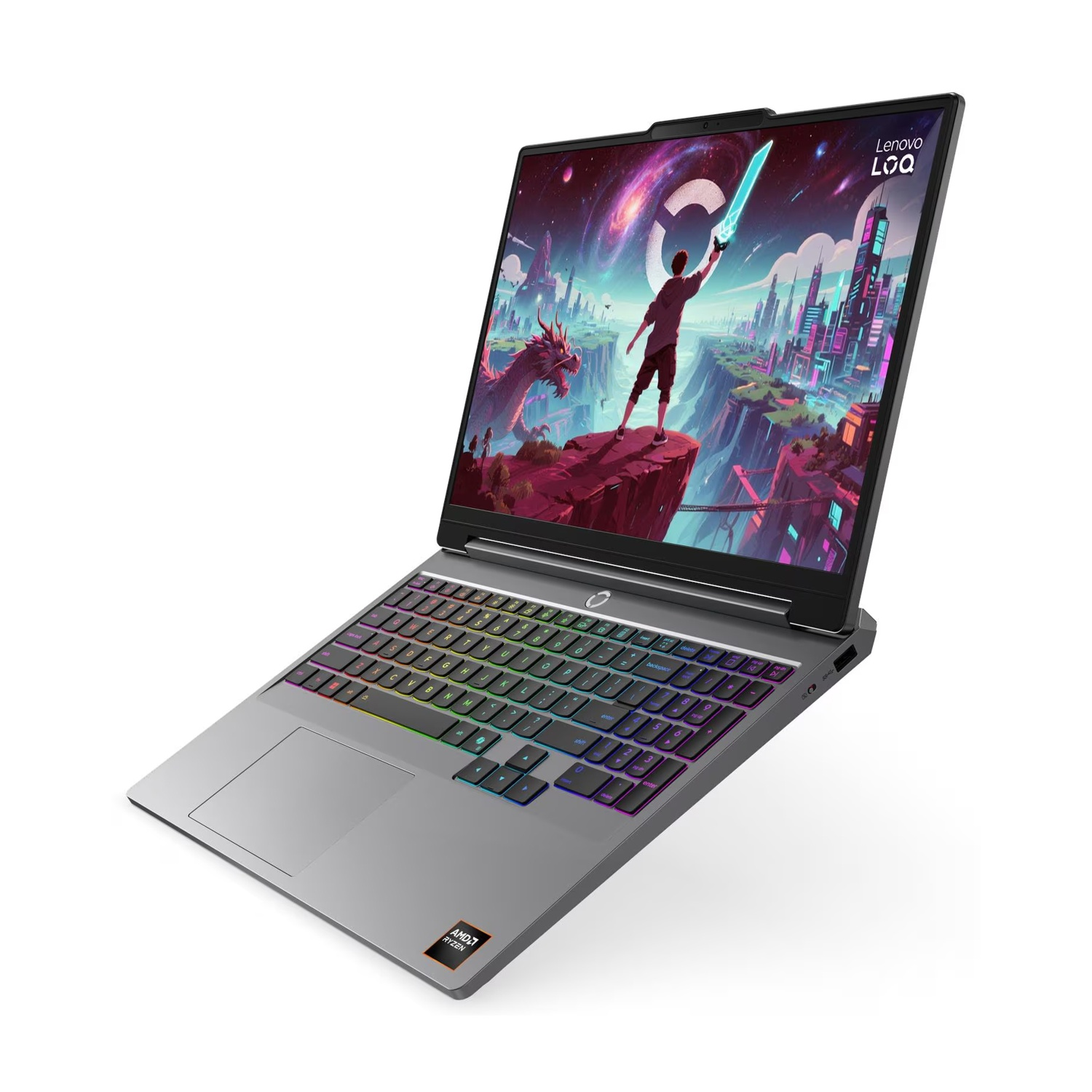 Laptop da gioco Lenovo LOQ con tastiera RGB e colorato sfondo fantasy su sfondo bianco.