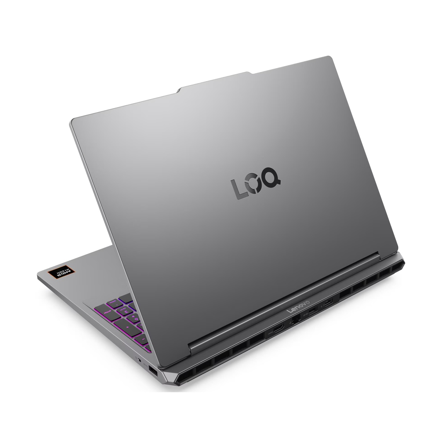 Laptop grigio Lenovo LOQ visto da dietro e di lato su sfondo bianco con tastiera retroilluminata.