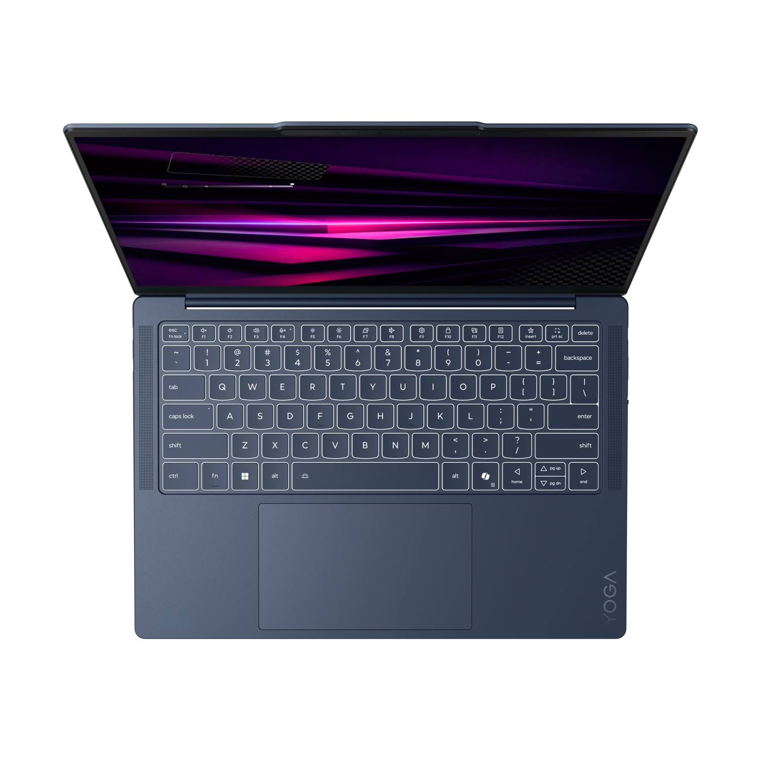 Vista dall'alto di un laptop Lenovo Yoga blu aperto con schermo viola e tastiera retroilluminata.